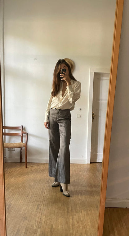 Grey Linen Blend Wide-Leg Trousers