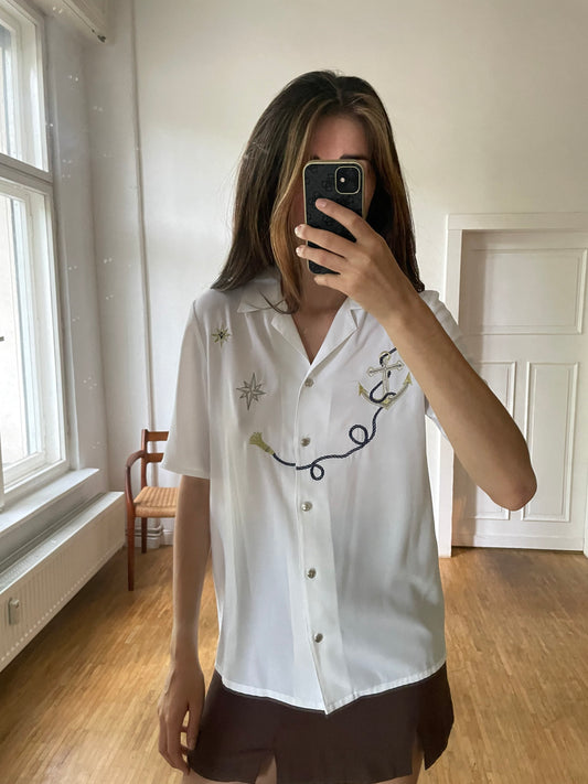 White Sailor vintage woman blouse, Maritime themed shirt, Oversized blouse, button up statement blouse, Deadstock women's clothing