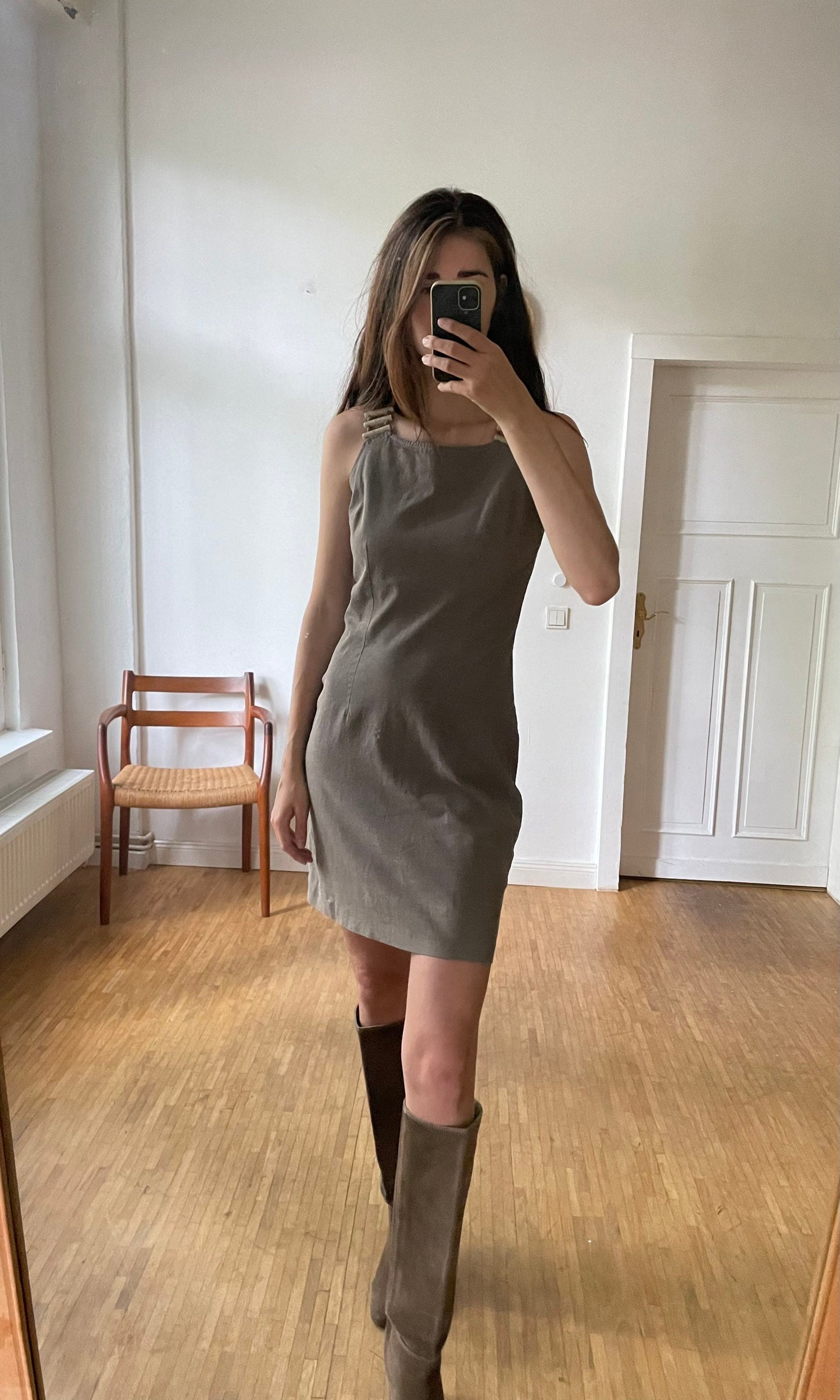 Caroline Biss cotton brown pencil dress, Vintage earthy designer dress