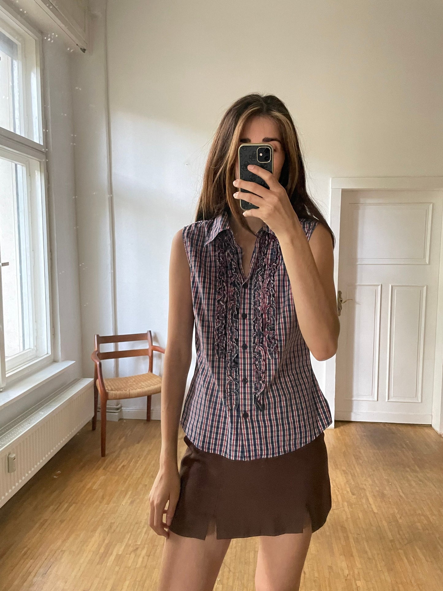 Blue, red and white plaid camisole shirt, Sleeveless woman blouse with ruffles, Gingham fabric top, S