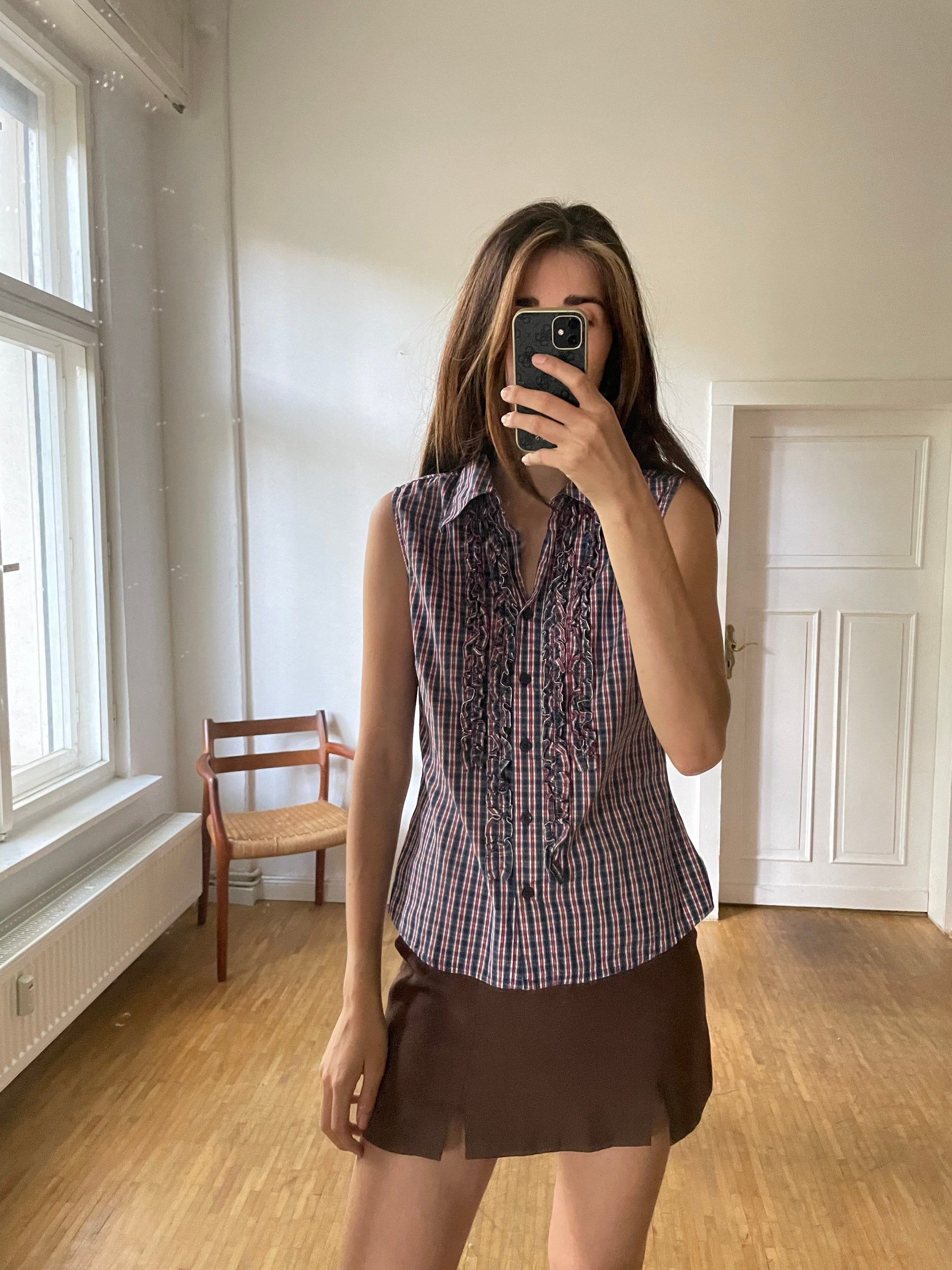 Blue, red and white plaid camisole shirt, Sleeveless woman blouse with ruffles, Gingham fabric top, S