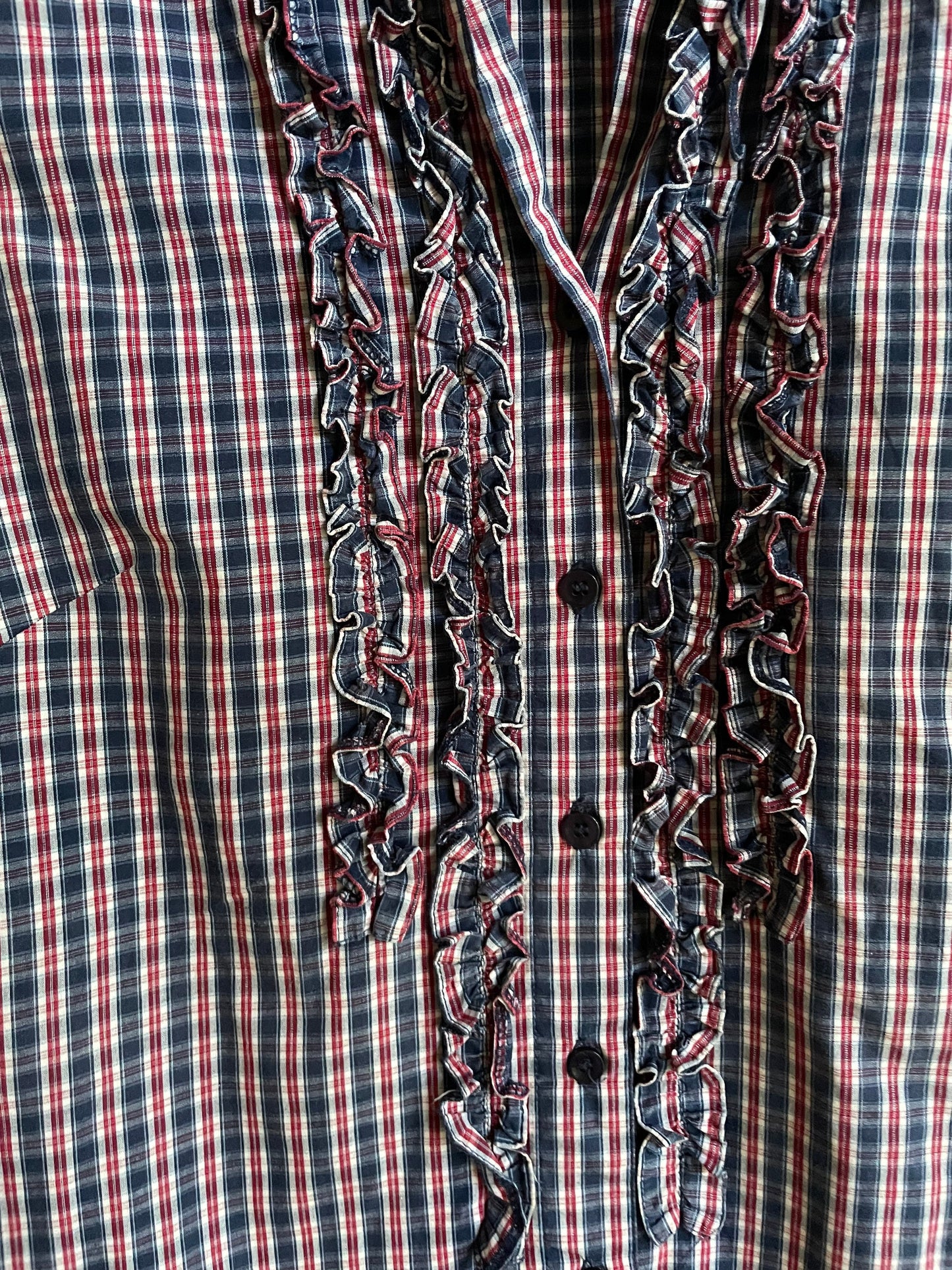 Blue, red and white plaid camisole shirt, Sleeveless woman blouse with ruffles, Gingham fabric top, S