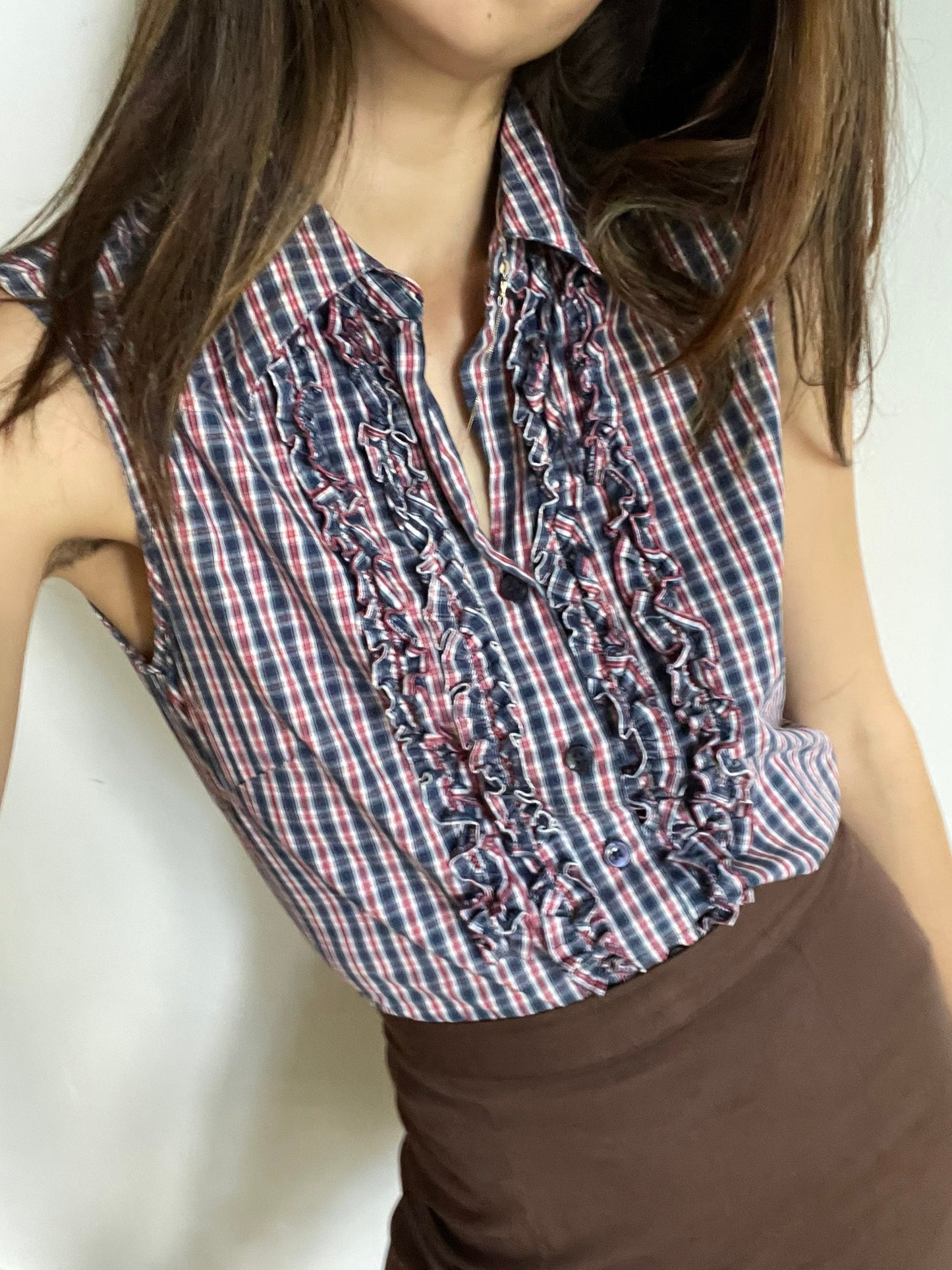 Blue, red and white plaid camisole shirt, Sleeveless woman blouse with ruffles, Gingham fabric top, S