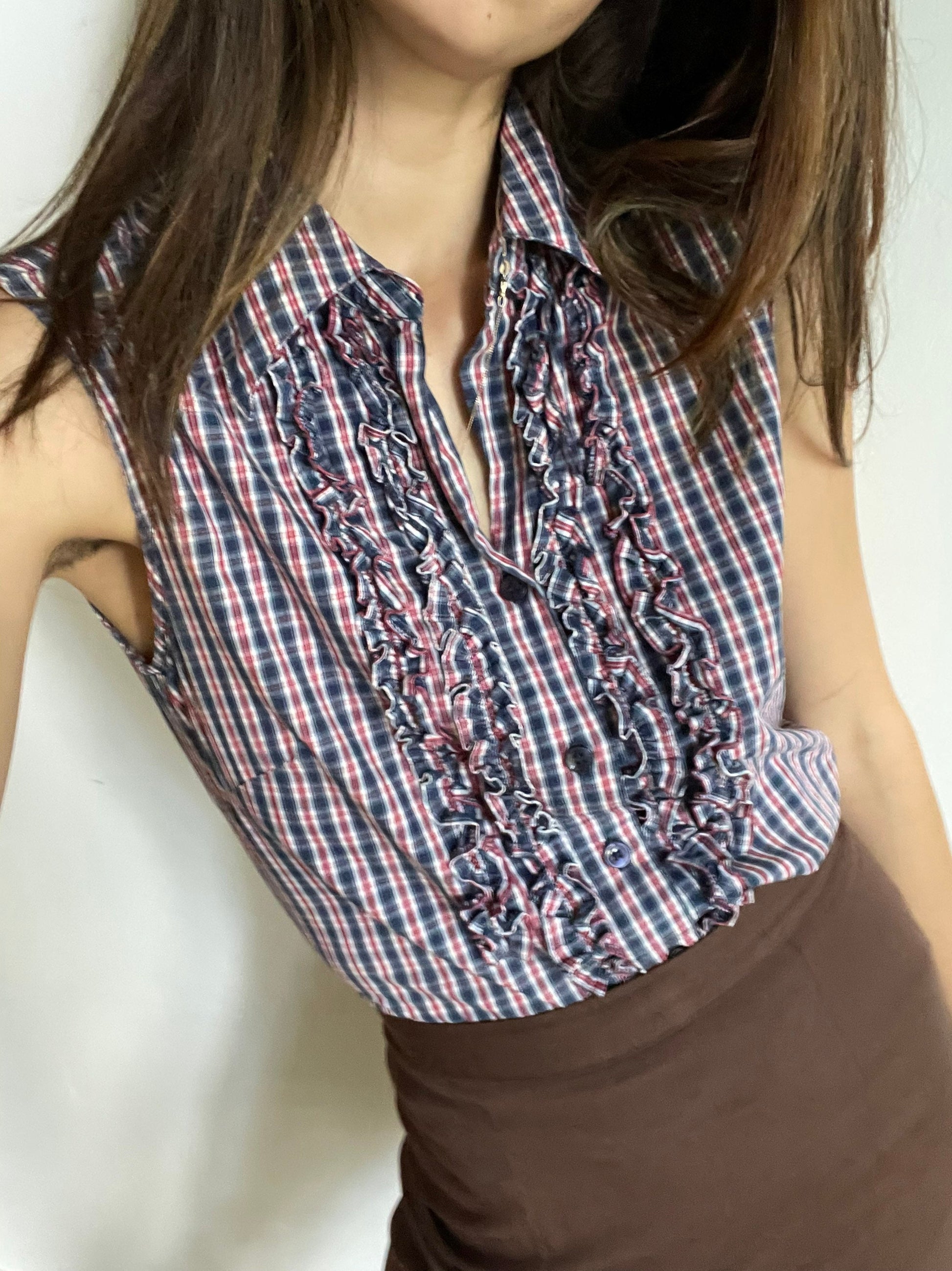 Blue, red and white plaid camisole shirt, Sleeveless woman blouse with ruffles, Gingham fabric top, S