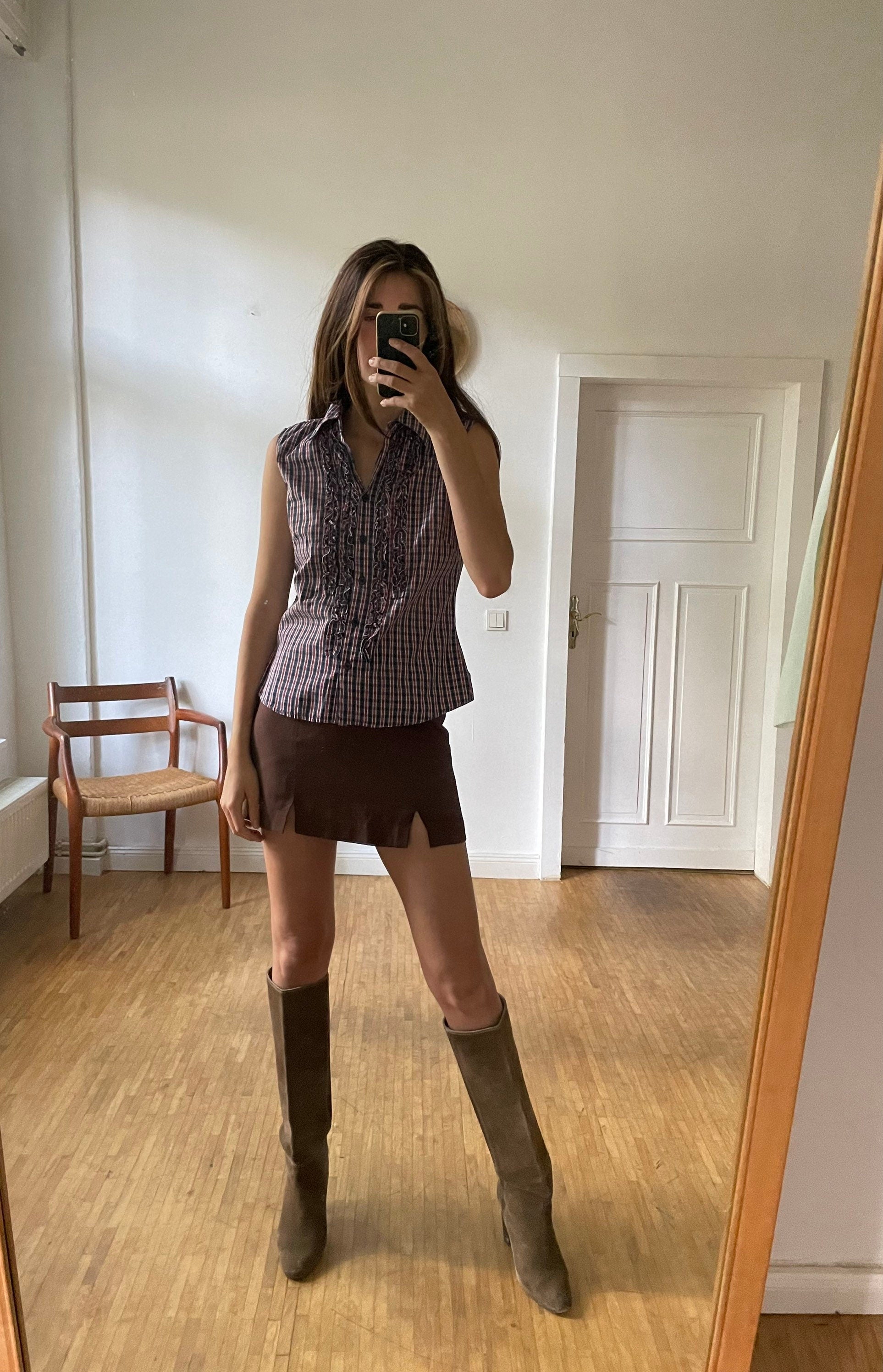 Blue, red and white plaid camisole shirt, Sleeveless woman blouse with ruffles, Gingham fabric top, S