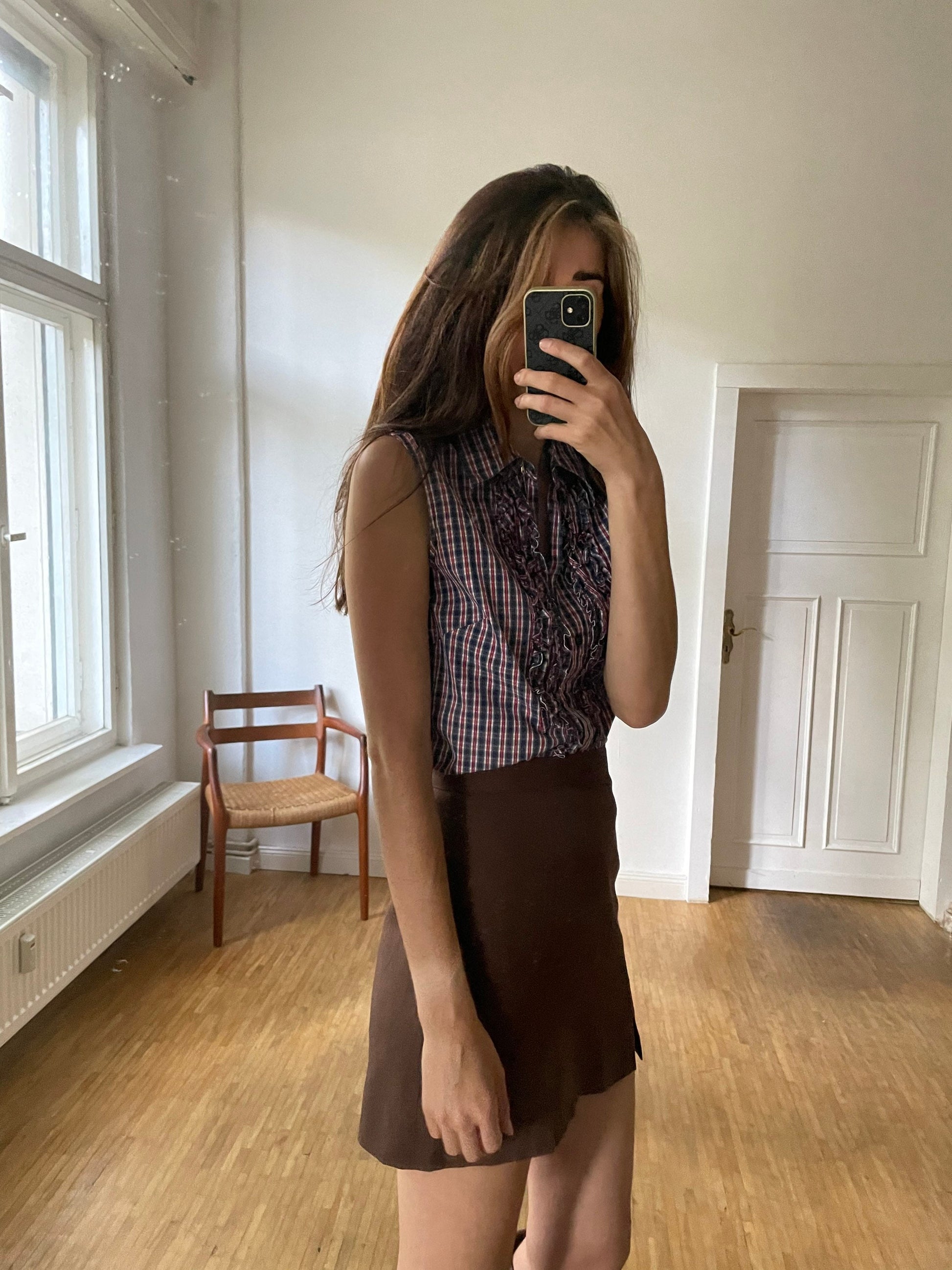 Blue, red and white plaid camisole shirt, Sleeveless woman blouse with ruffles, Gingham fabric top, S