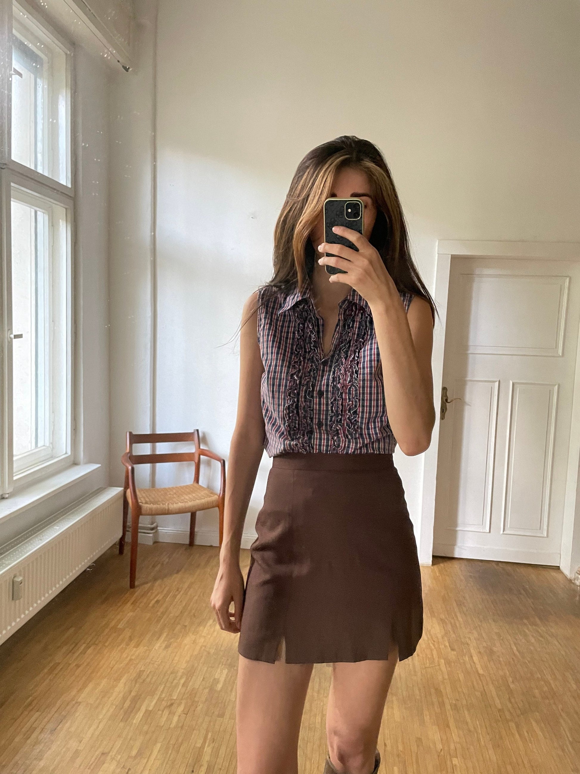 Blue, red and white plaid camisole shirt, Sleeveless woman blouse with ruffles, Gingham fabric top, S