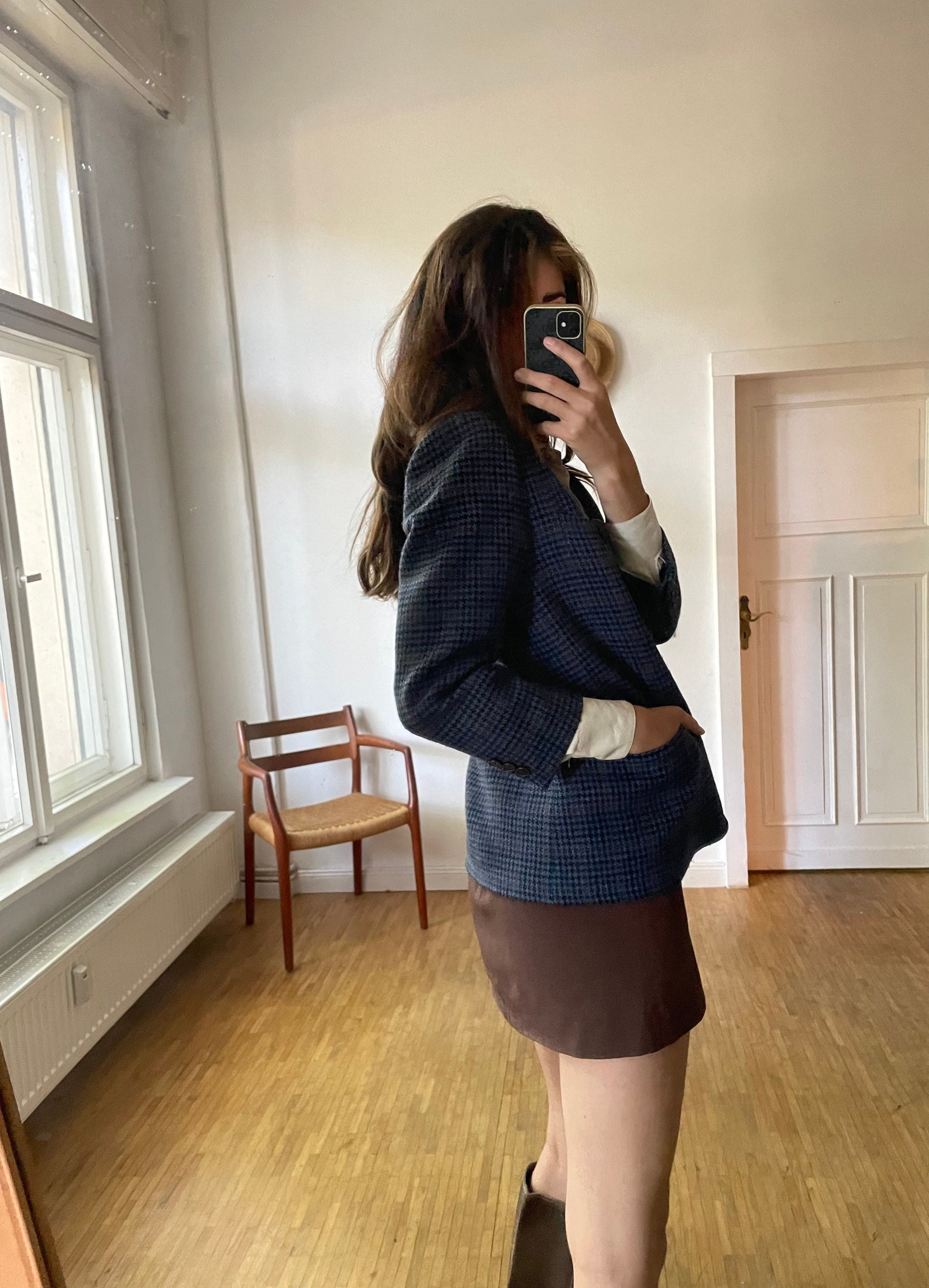 Vintage Wool Blazer Jacket – Blue Brown Plaid – Academia Aesthetic