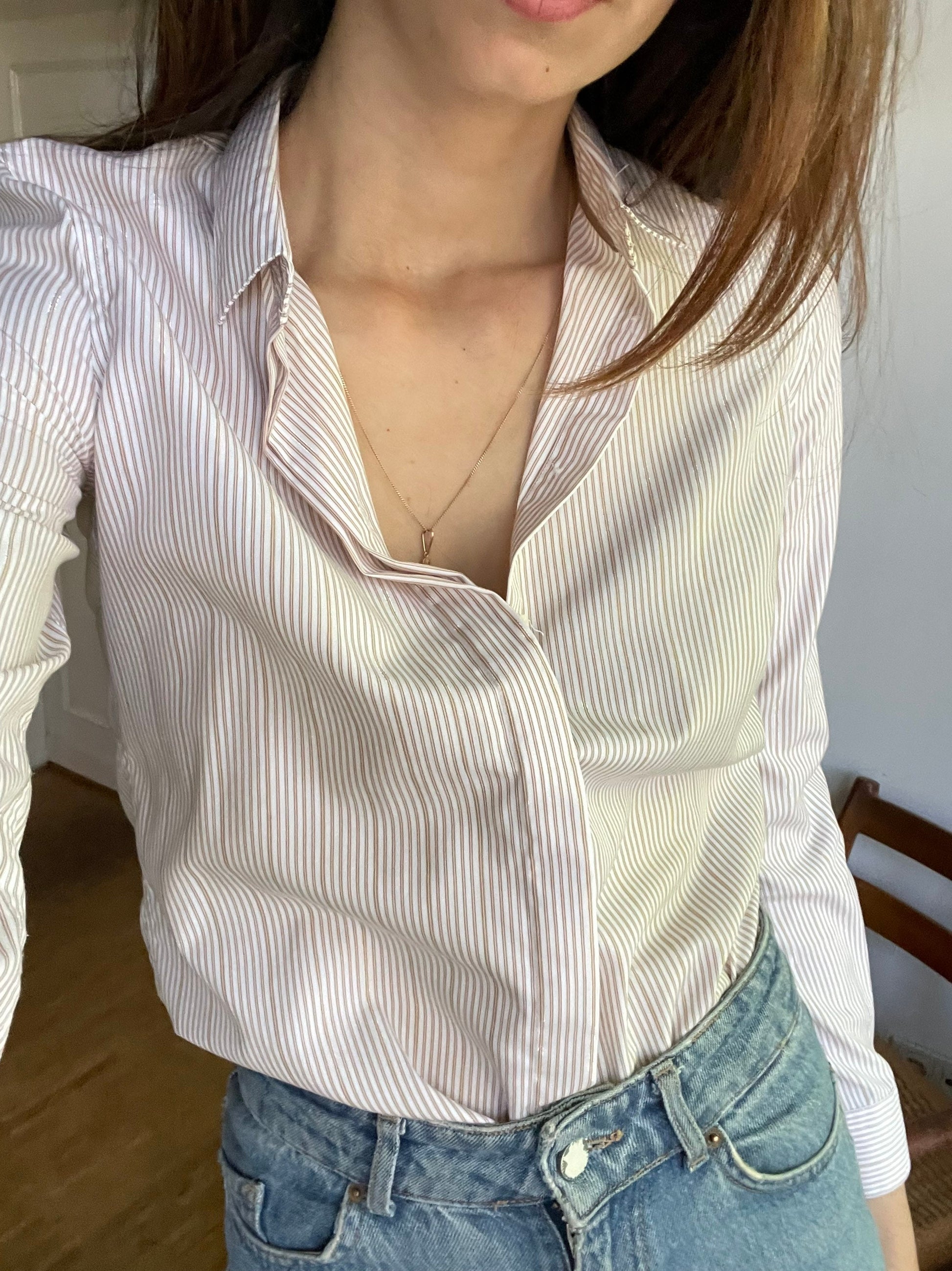 Pedro del Hierro long sleeve striped button up / Vintage designer shirt / Off white and tan striped shirt / gold detailing shirt