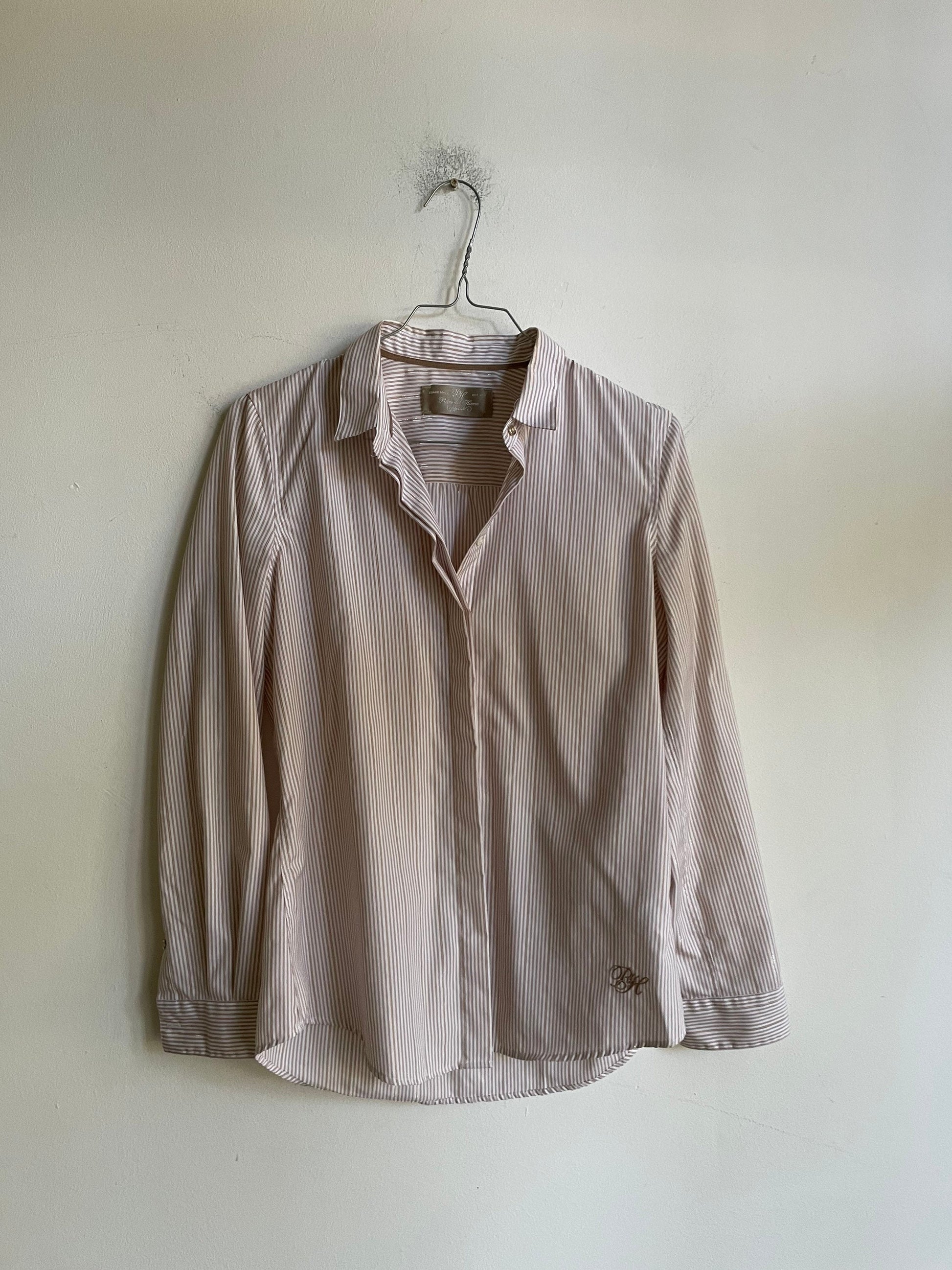 Pedro del Hierro long sleeve striped button up / Vintage designer shirt / Off white and tan striped shirt / gold detailing shirt