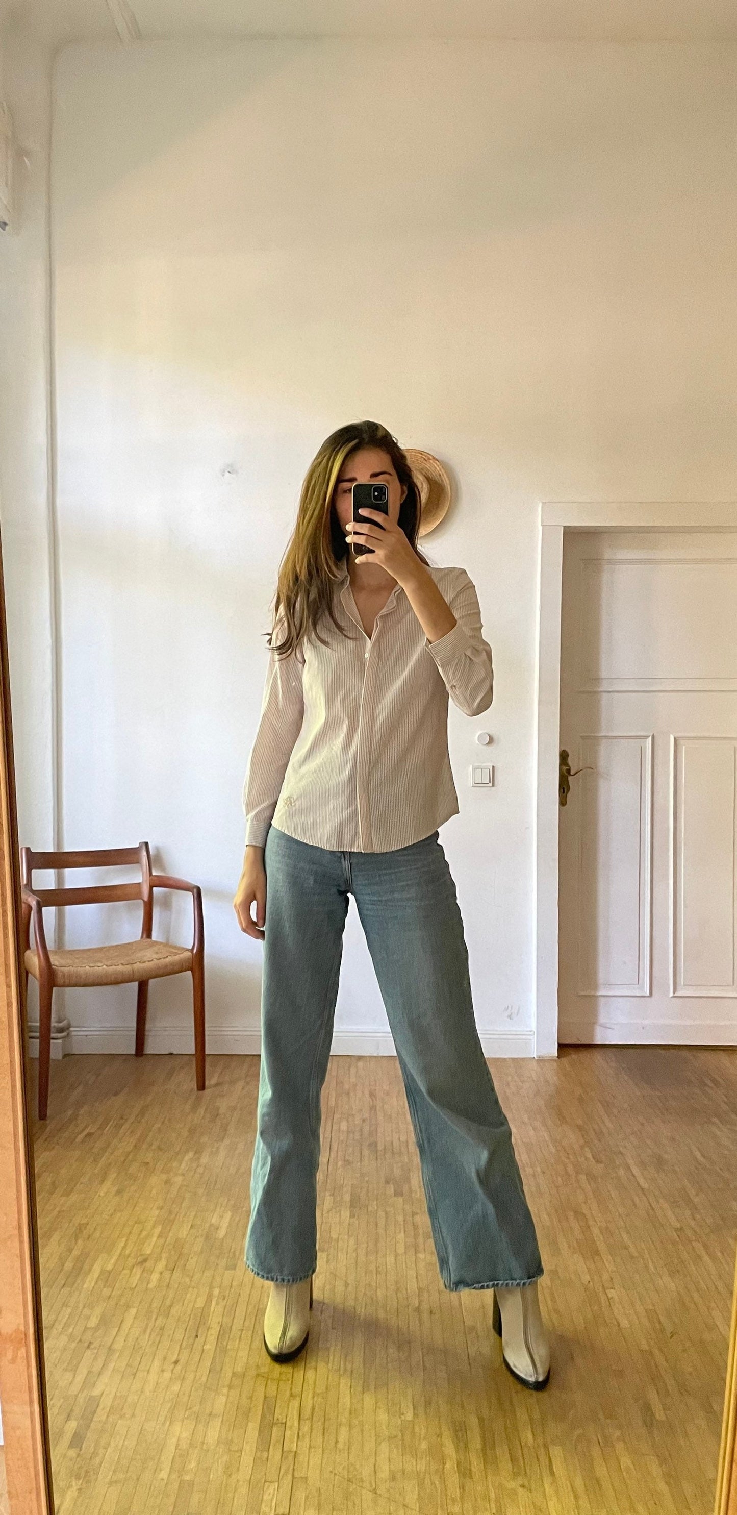 Pedro del Hierro long sleeve striped button up / Vintage designer shirt / Off white and tan striped shirt / gold detailing shirt