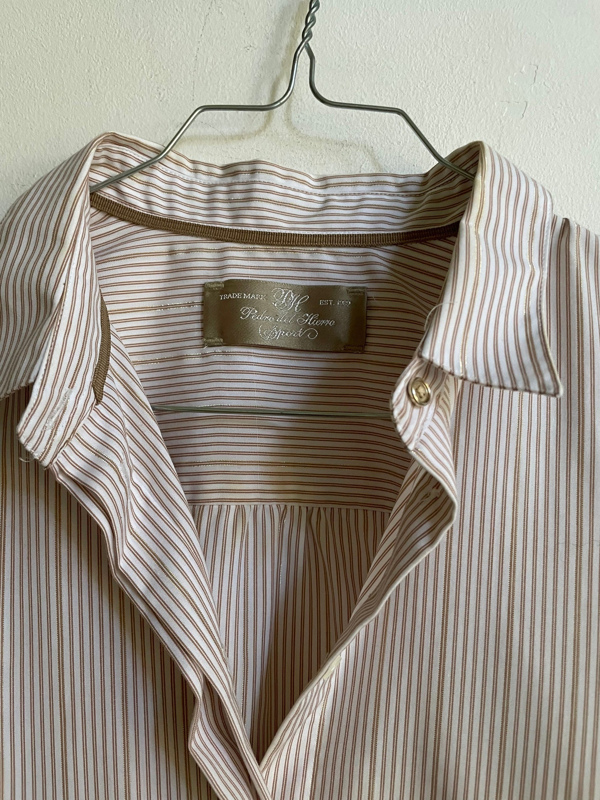 Pedro del Hierro long sleeve striped button up / Vintage designer shirt / Off white and tan striped shirt / gold detailing shirt