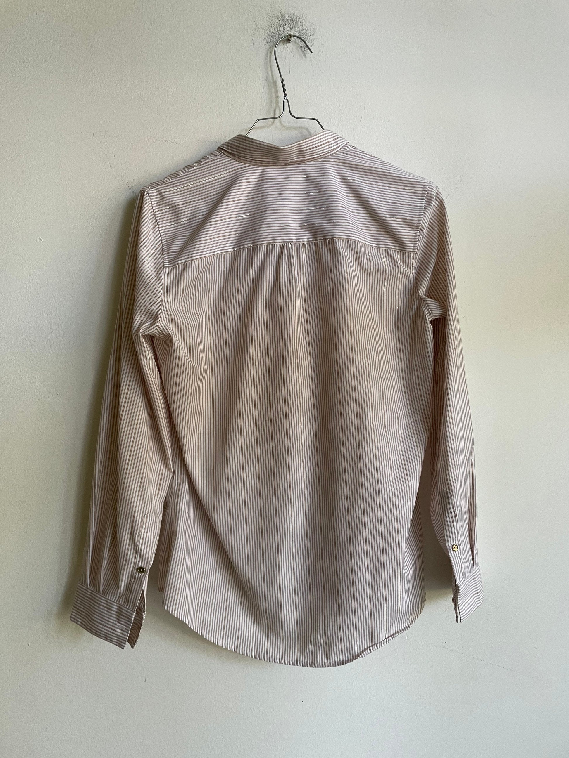 Pedro del Hierro long sleeve striped button up / Vintage designer shirt / Off white and tan striped shirt / gold detailing shirt