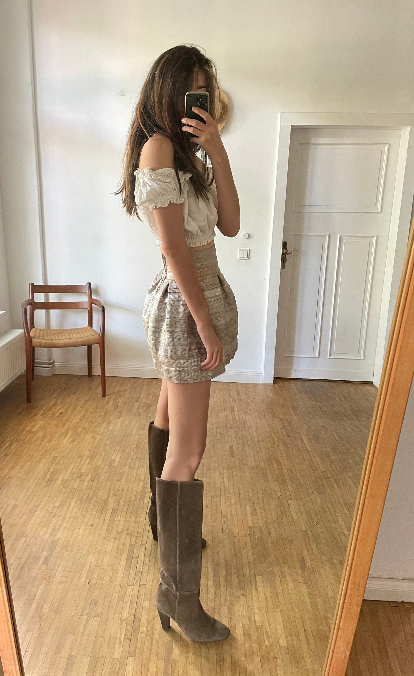 Festive silver and gold high waist mini skirt, Showstopper balloon skirt, New Years eve party outfit, Vintage unique metallic mini skirt