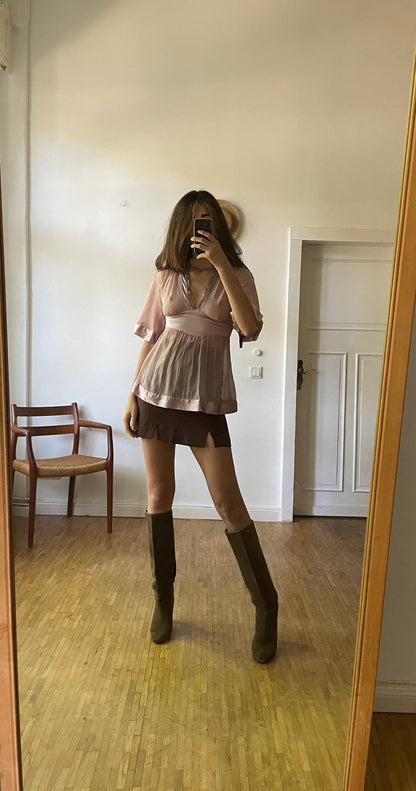 Vintage Dusty Pink Sheer Blouse, Beaded Babydoll Top