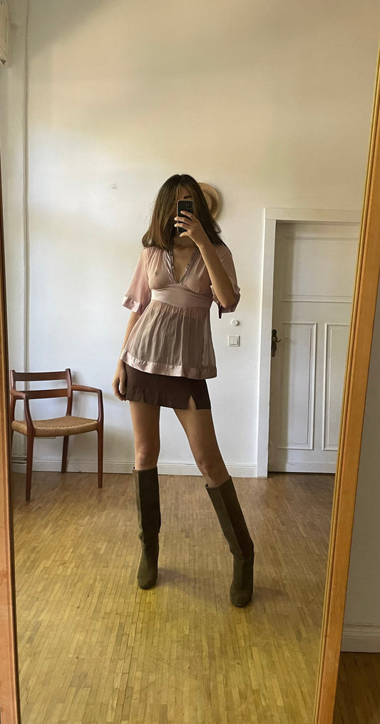 Dusty pink sheer woman blouse, Babydoll half sleeve sexy see through top, Beaded festive feminine blouse, Elegant deep v camisole