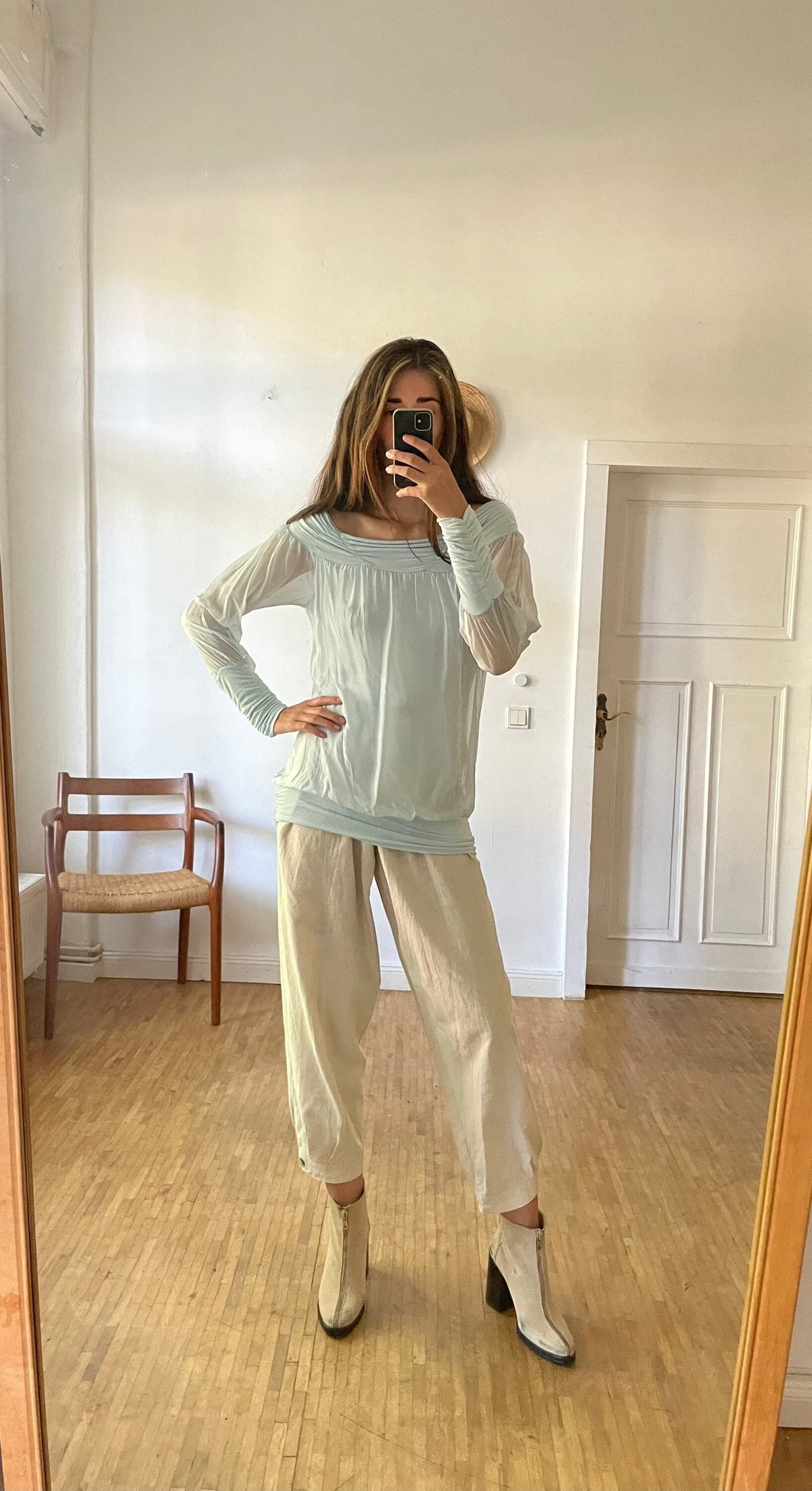 Vintage Pastel Blue Silk Blouse, Sheer Off-Shoulder Top