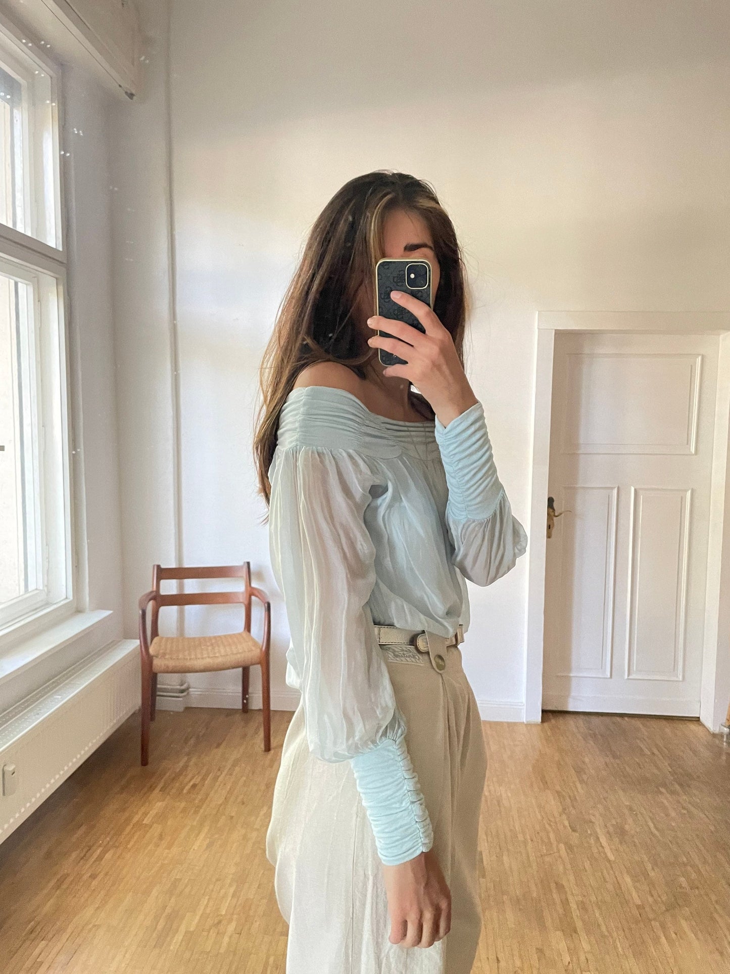 Vintage Pastel Blue Silk Blouse, Sheer Off-Shoulder Top