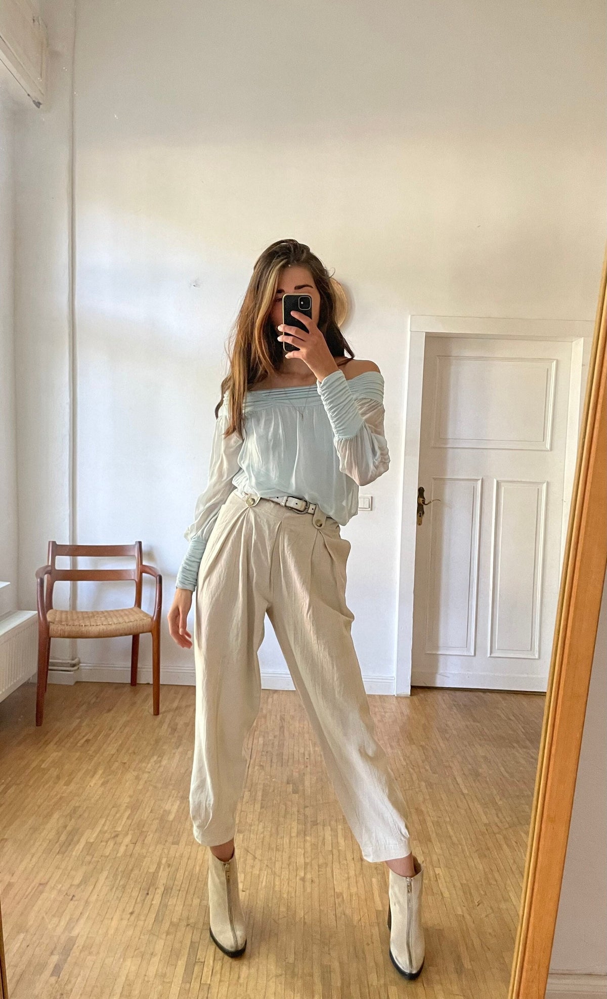Vintage Pastel Blue Silk Blouse, Sheer Off-Shoulder Top