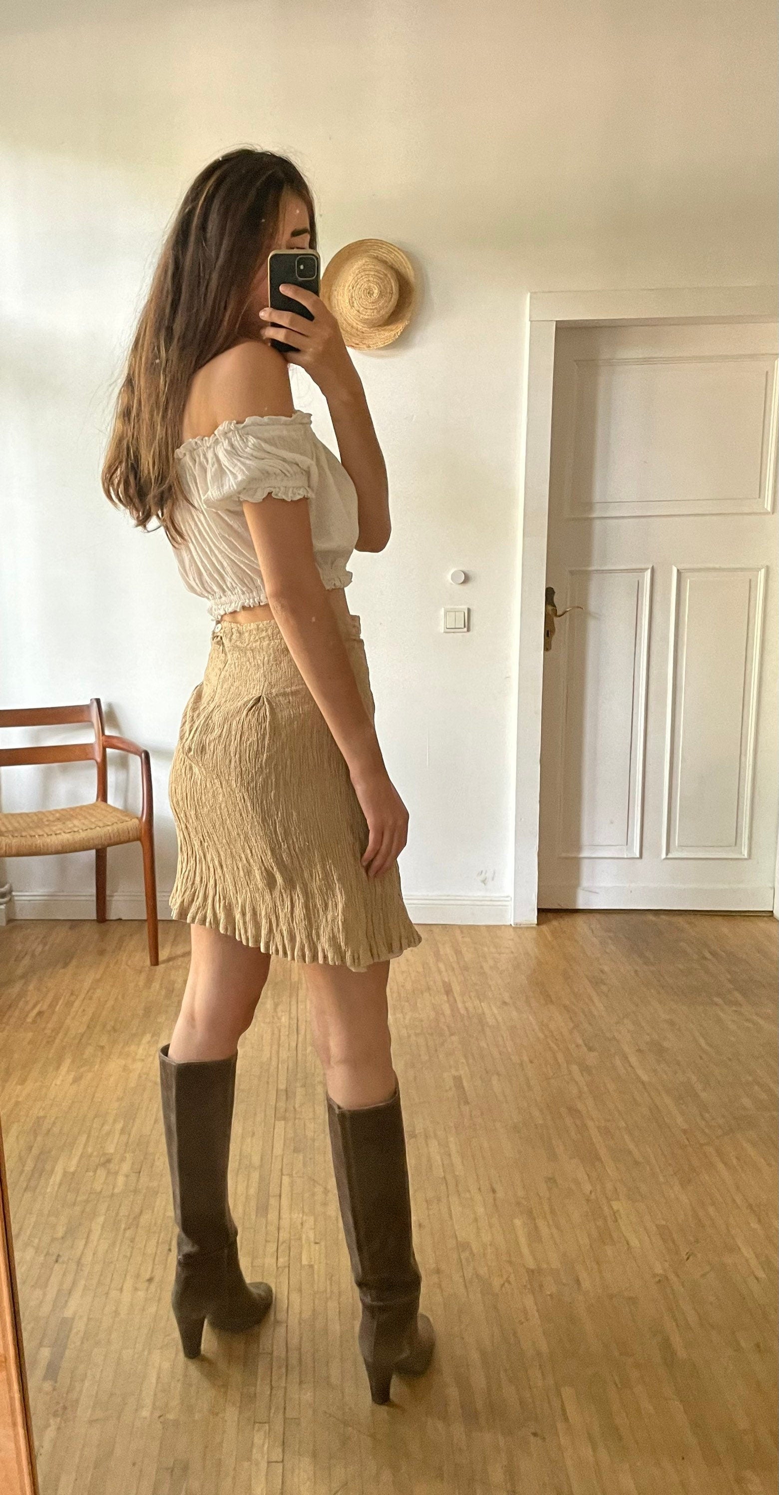 Caramel summer skirt, Tan high waist feminine midi skirt.