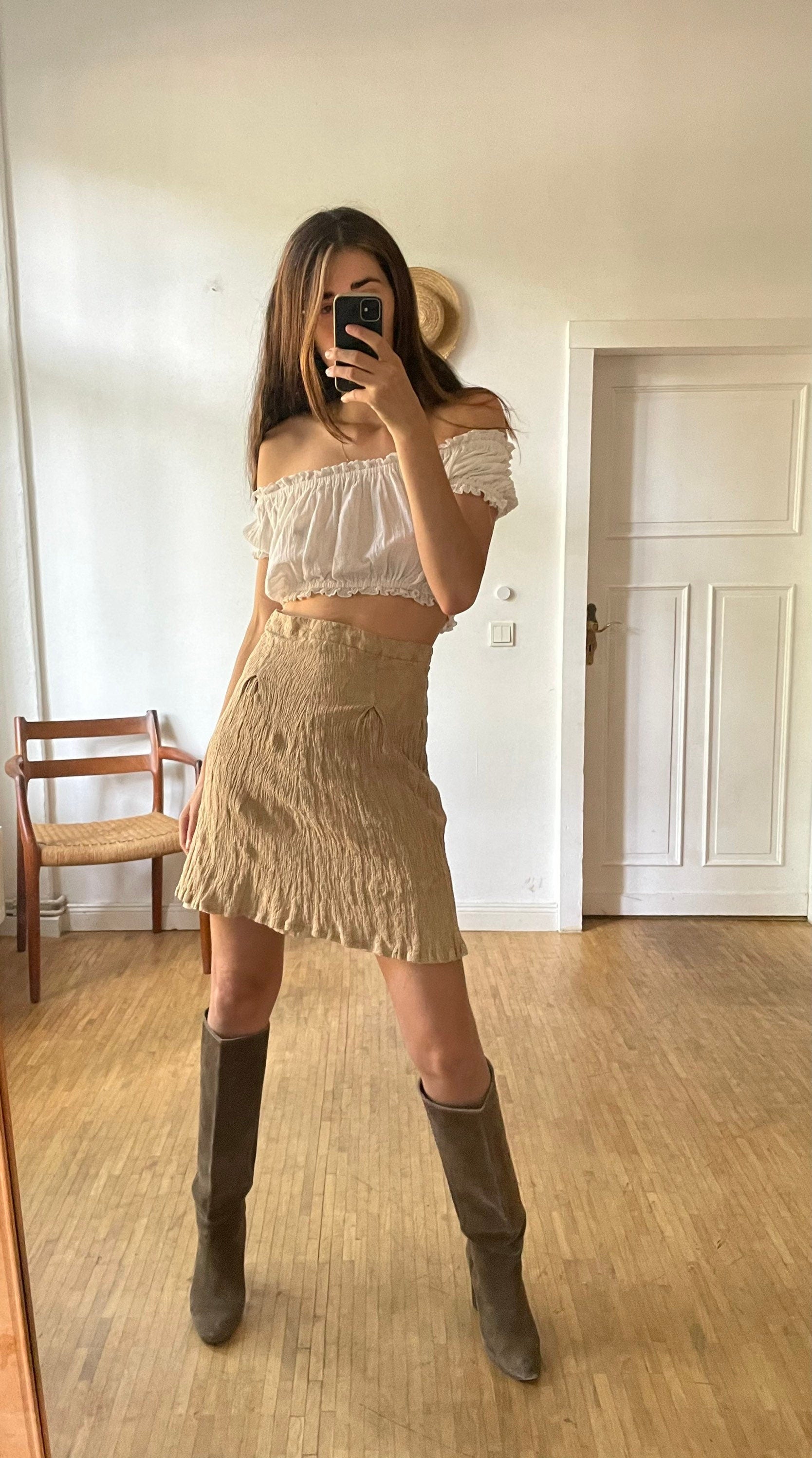 Caramel summer skirt, Tan high waist feminine midi skirt.