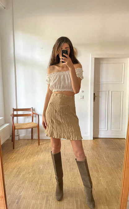Caramel summer skirt, Tan high waist feminine midi skirt.
