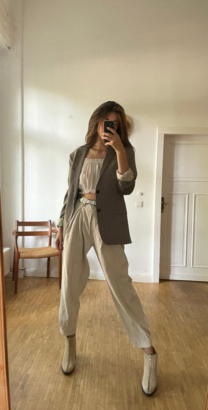 Vintage Drykorn Plaid Blazer In Brown Beige — fabric close-up