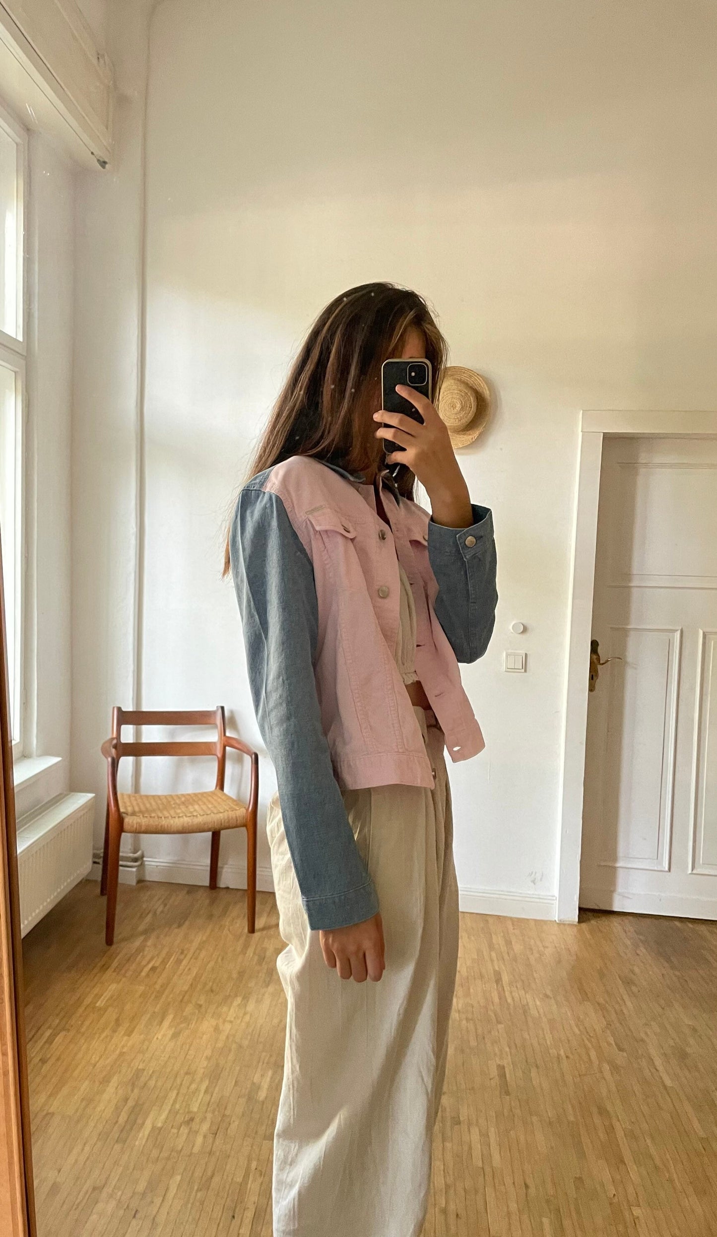 Escada sport denim jacket, Baby pink and light blue summer coat, Vintage high end statement piece, Y2K oversized jeans jacket, M-L