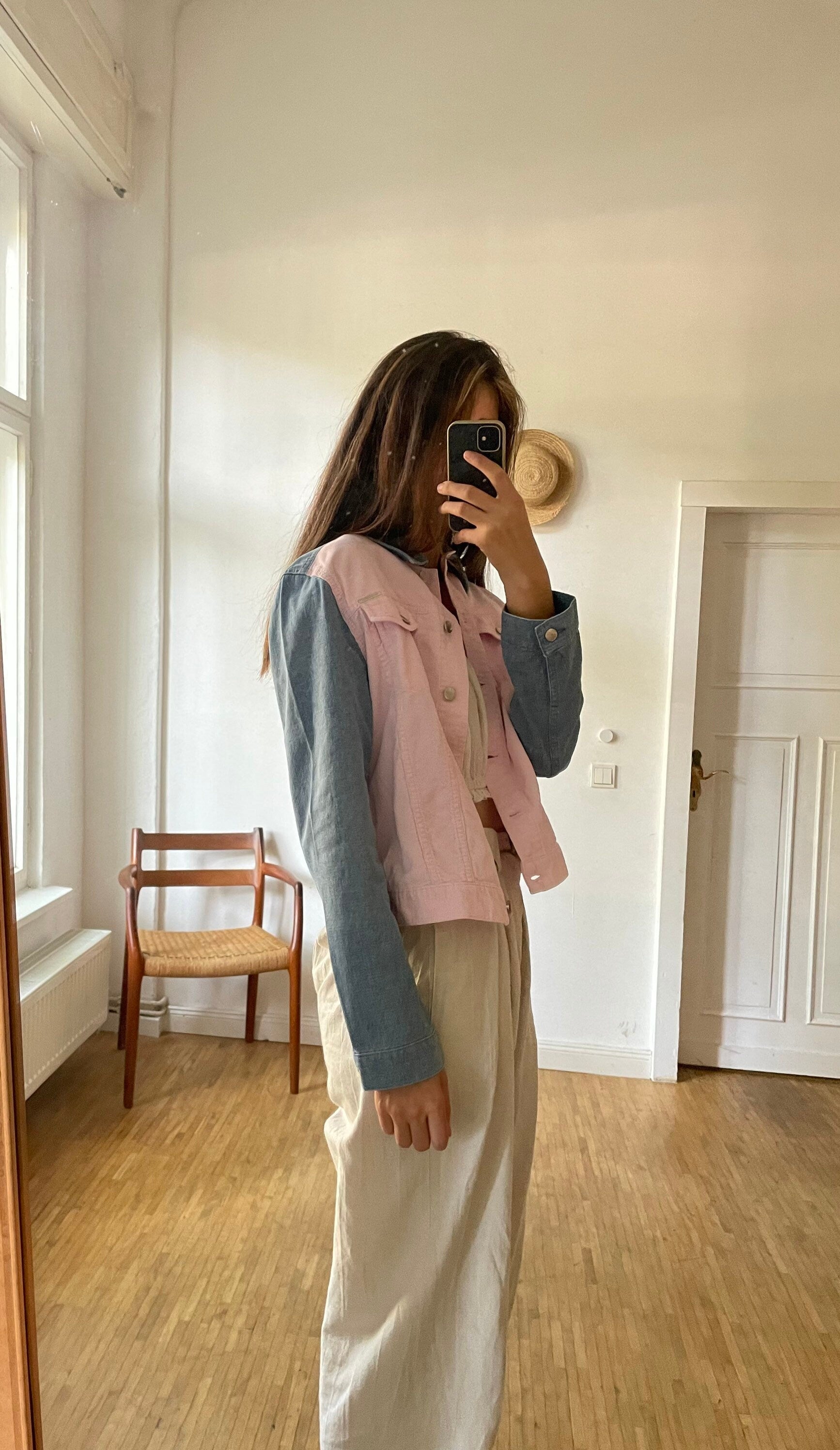 Escada sport denim jacket, Baby pink and light blue summer coat, Vintage high end statement piece, Y2K oversized jeans jacket, M-L