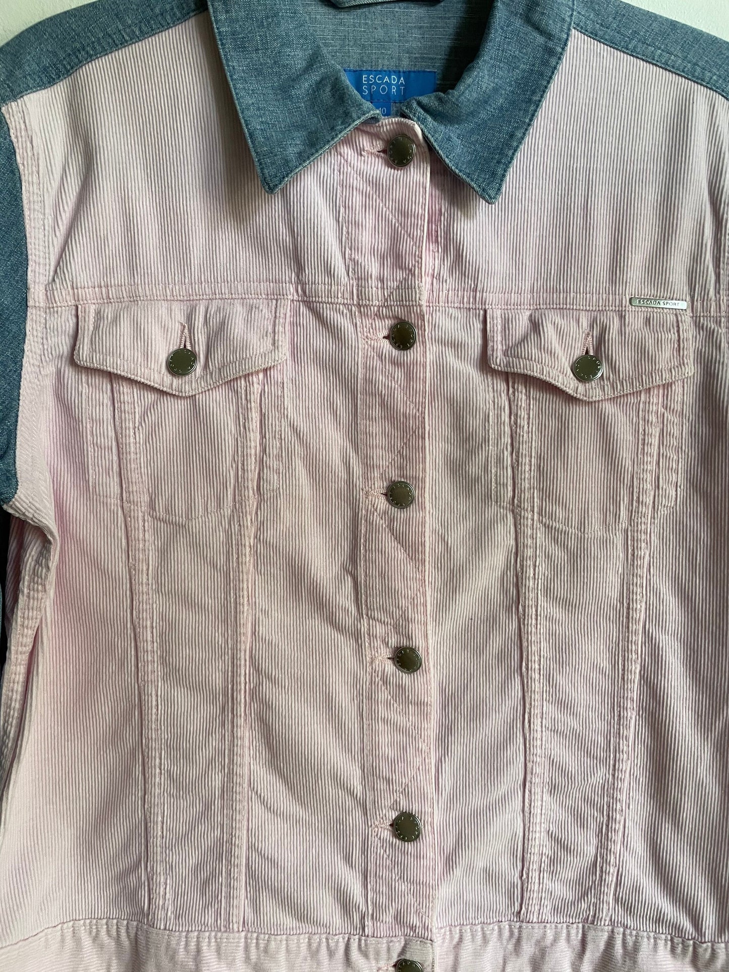 Escada sport denim jacket, Baby pink and light blue summer coat, Vintage high end statement piece, Y2K oversized jeans jacket, M-L
