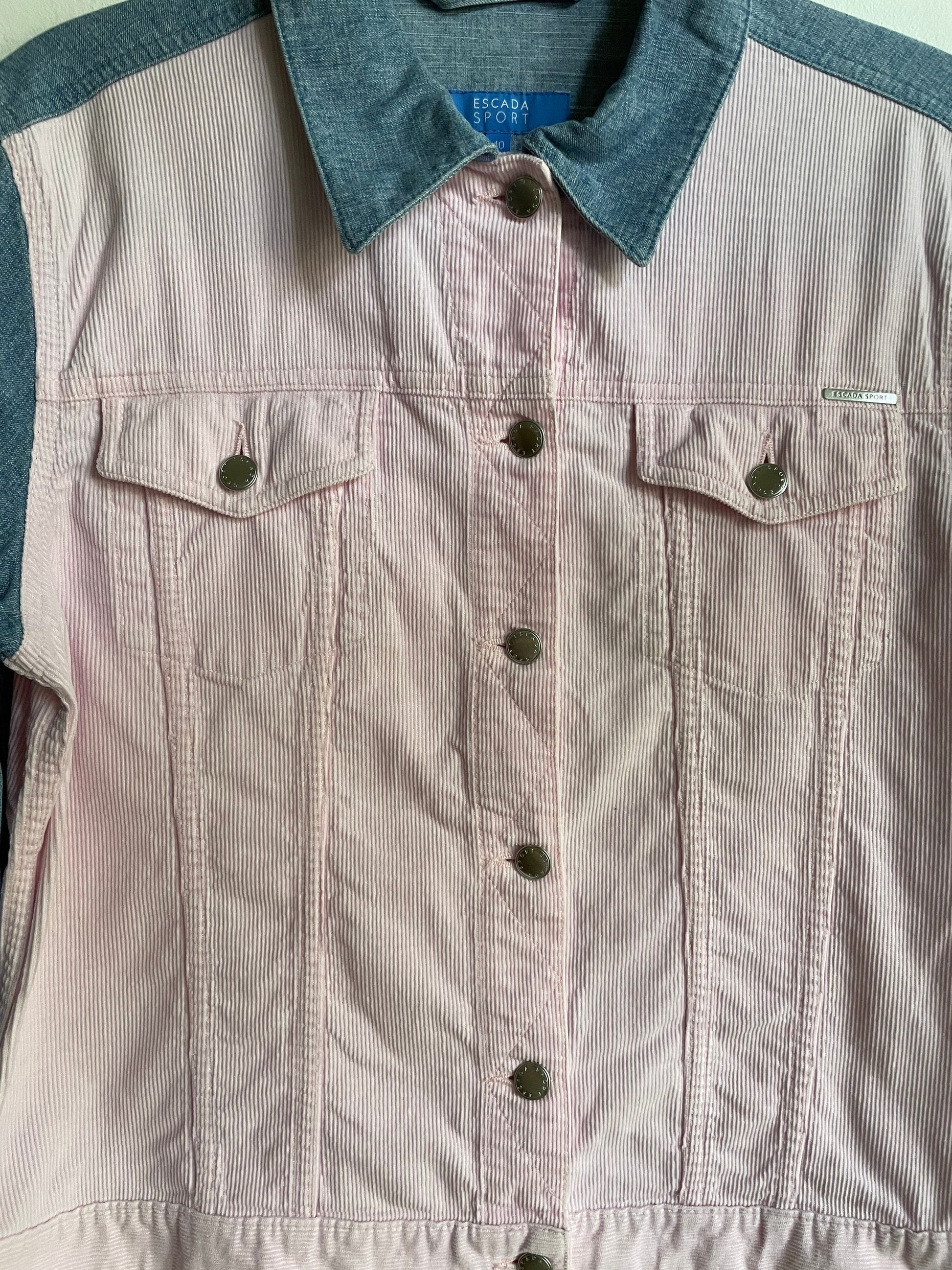 Escada sport denim jacket, Baby pink and light blue summer coat, Vintage high end statement piece, Y2K oversized jeans jacket, M-L