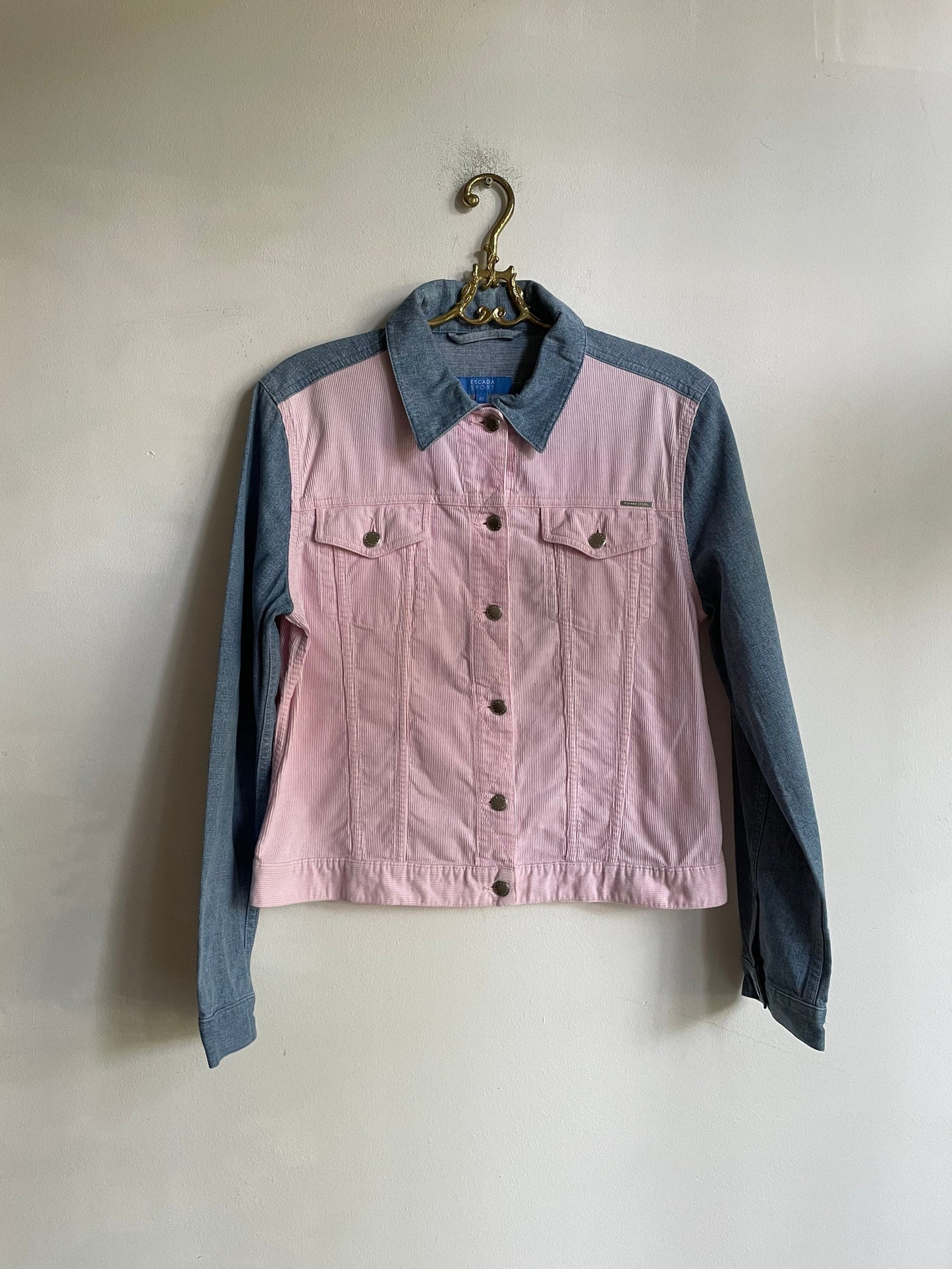 Escada sport denim jacket, Baby pink and light blue summer coat, Vintage high end statement piece, Y2K oversized jeans jacket, M-L