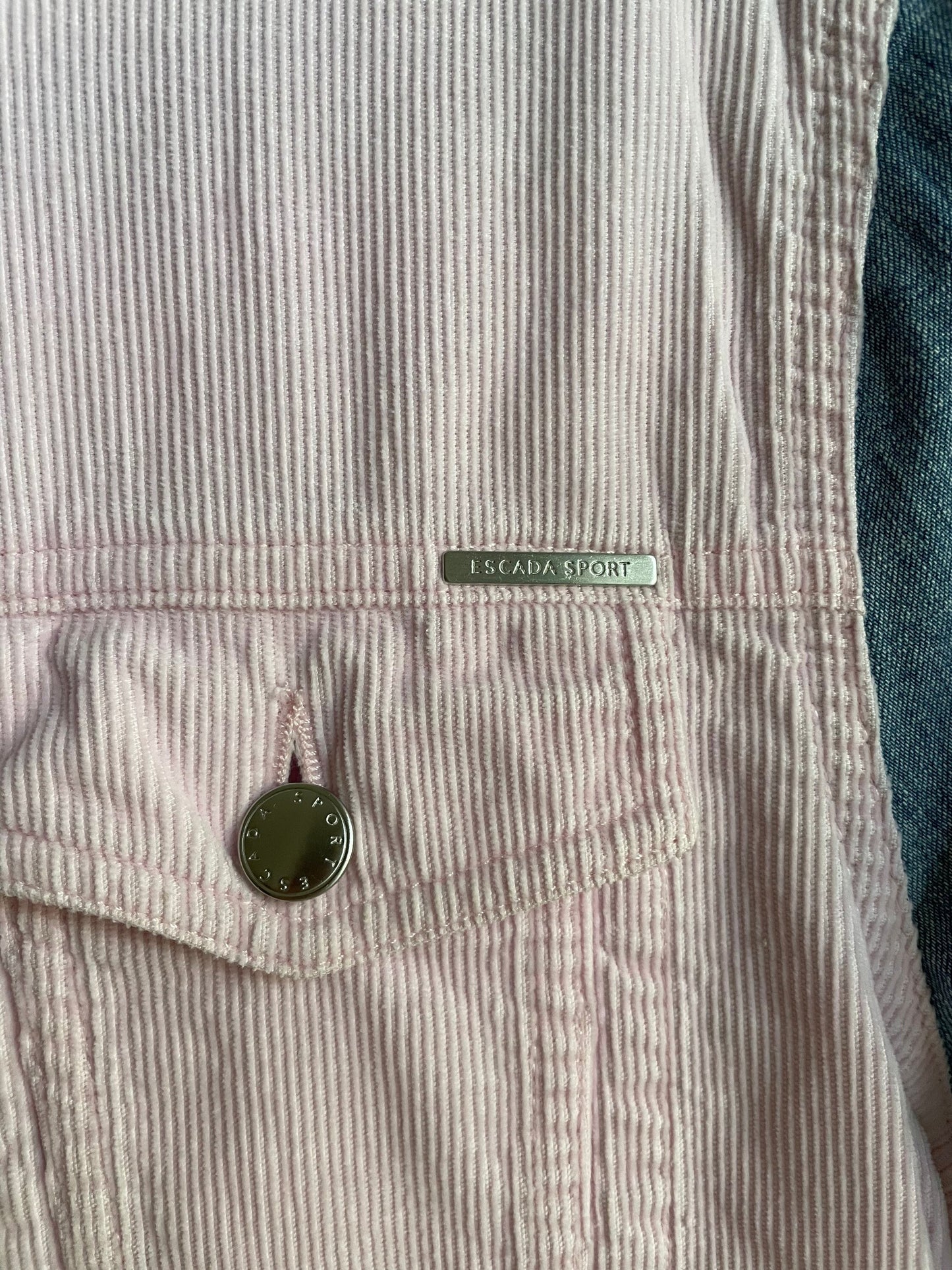 Escada sport denim jacket, Baby pink and light blue summer coat, Vintage high end statement piece, Y2K oversized jeans jacket, M-L