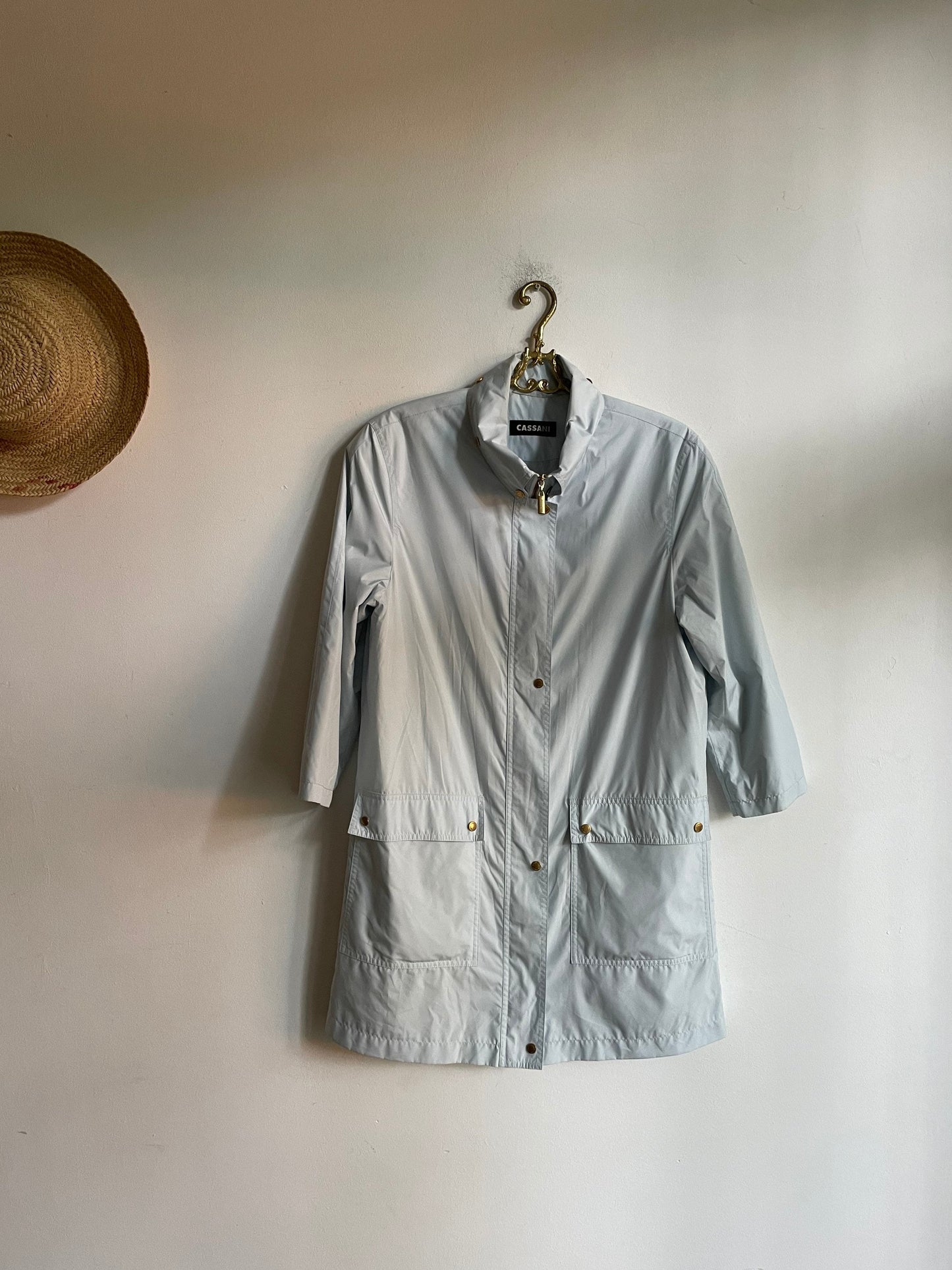 Vintage Cassani Light Blue Trench Coat – Minimalist Spring Jacket – Size EU 36