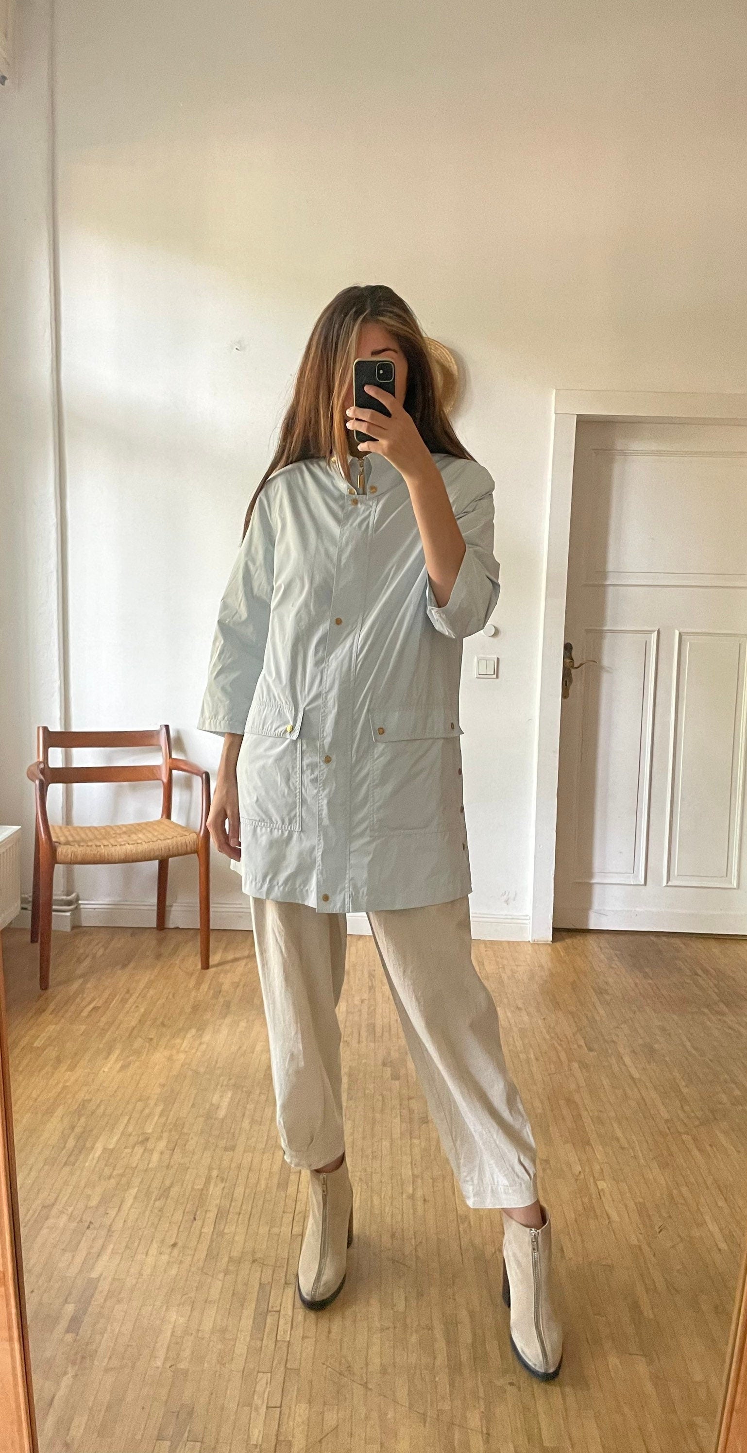 Vintage Cassani Light Blue Trench Coat – Minimalist Spring Jacket – Size EU 36