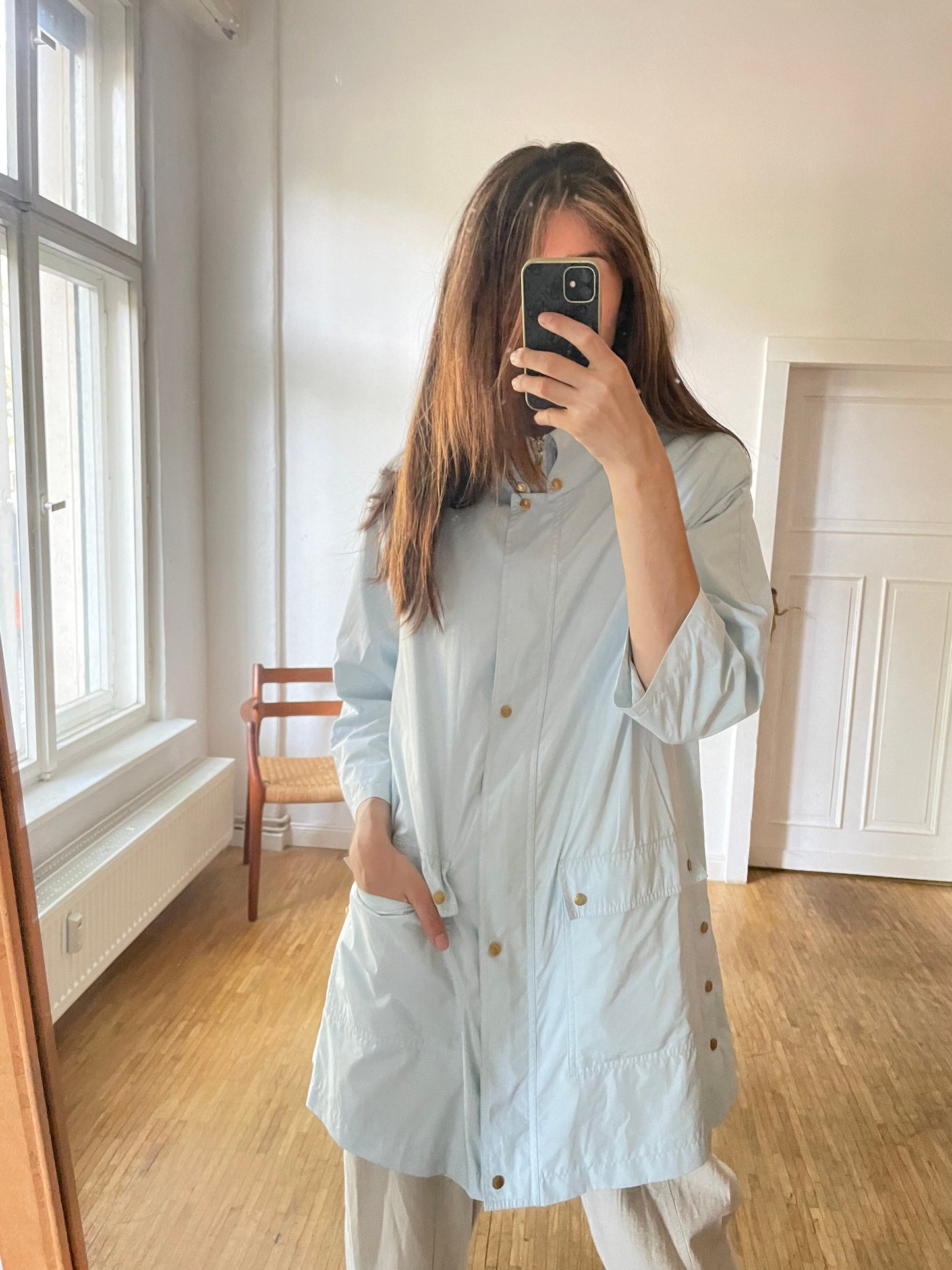 Vintage Cassani Light Blue Trench Coat – Minimalist Spring Jacket – Size EU 36