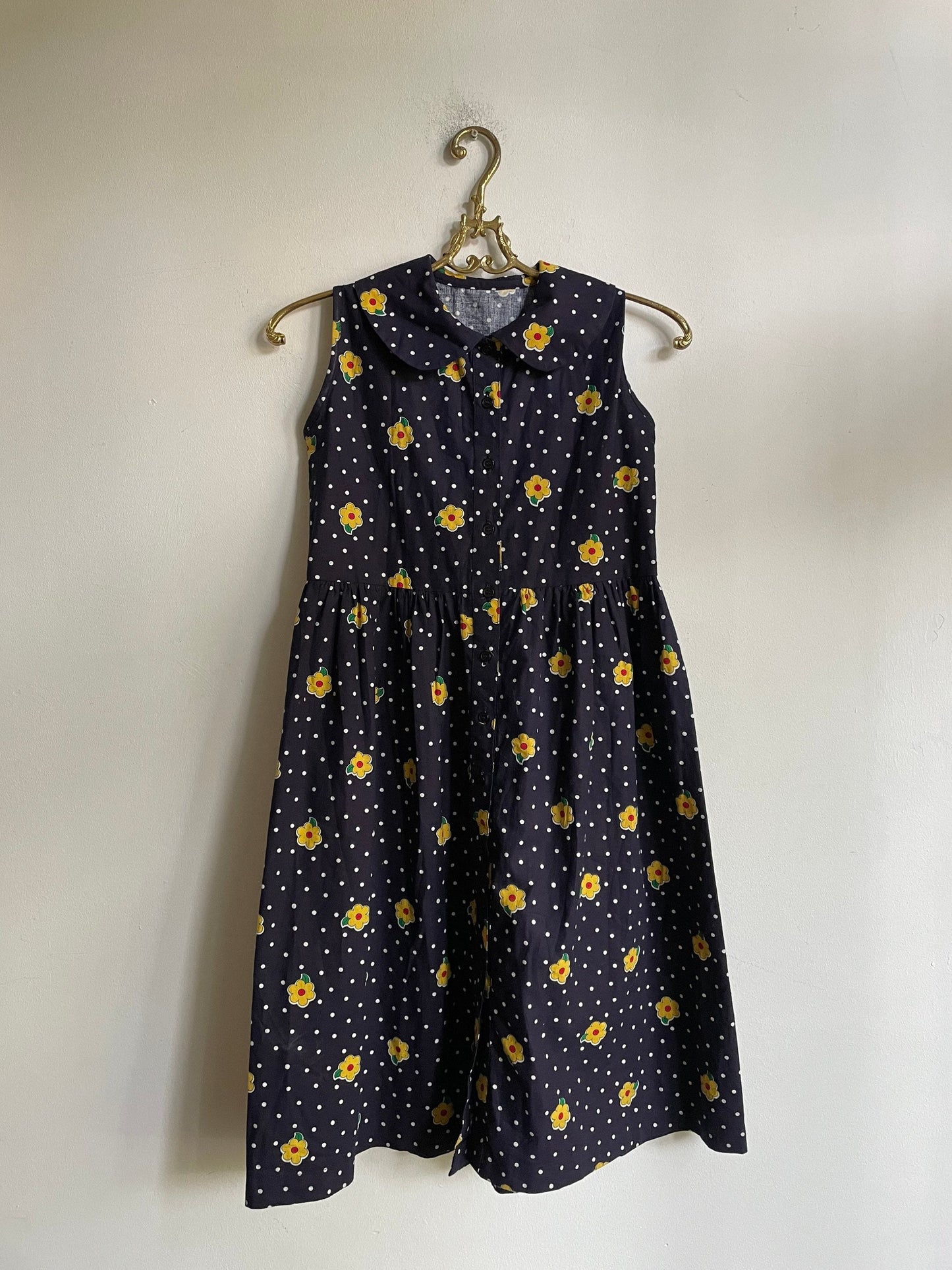 Handmade vavy blue floral dress, Vintage girl clothing, Sustainable Retro wear,
