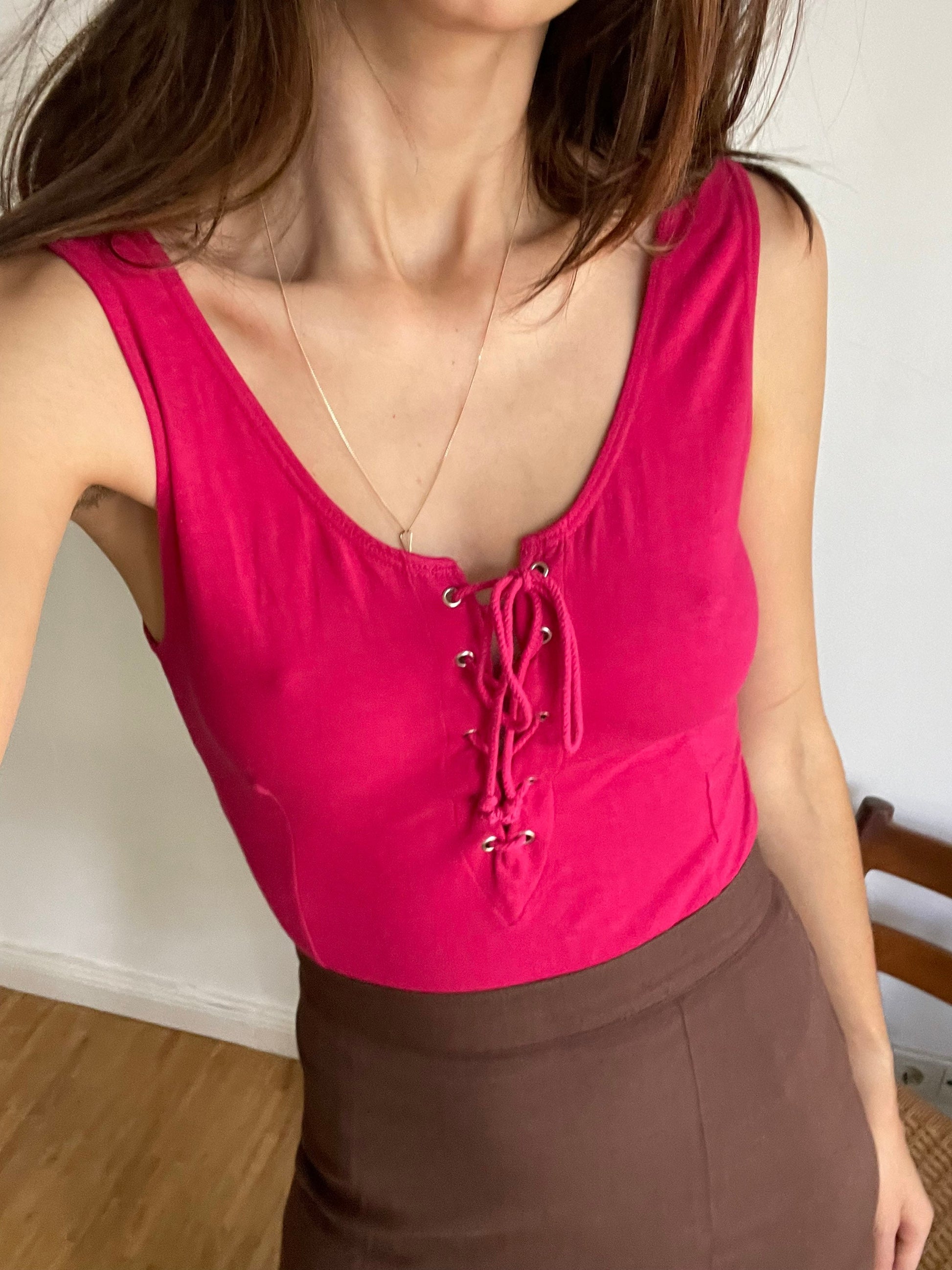 Pink feminine bodysuit, Fuchsia lace up vintage body, Sexy vibrant leotard, Vintage cotton 90s Festival Rave Swimsuit, Swimming Costume Top