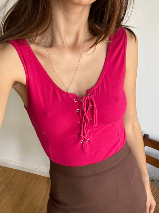 Pink feminine bodysuit, Fuchsia lace up vintage body, Sexy vibrant leotard, Vintage cotton 90s Festival Rave Swimsuit, Swimming Costume Top