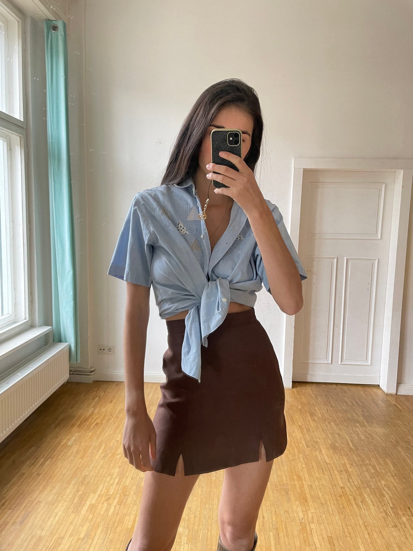 Baby blue oversized blouse with patchwork, Vintage denim women's blouse, Light blue summer top, retro women shirt, Short sleeve button up