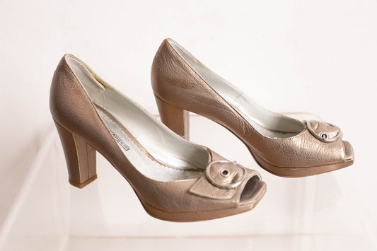 Roberto d'Angelo Golden Peep Toe Pumps, Metallic Block Heel, Designer Italian Buckle Shoes, Vintage Size 40, Festive High Heels