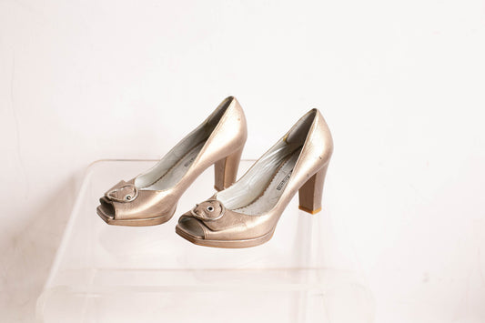 Roberto d'Angelo Golden Peep Toe Pumps, Metallic Block Heel, Designer Italian Buckle Shoes, Vintage Size 40, Festive High Heels