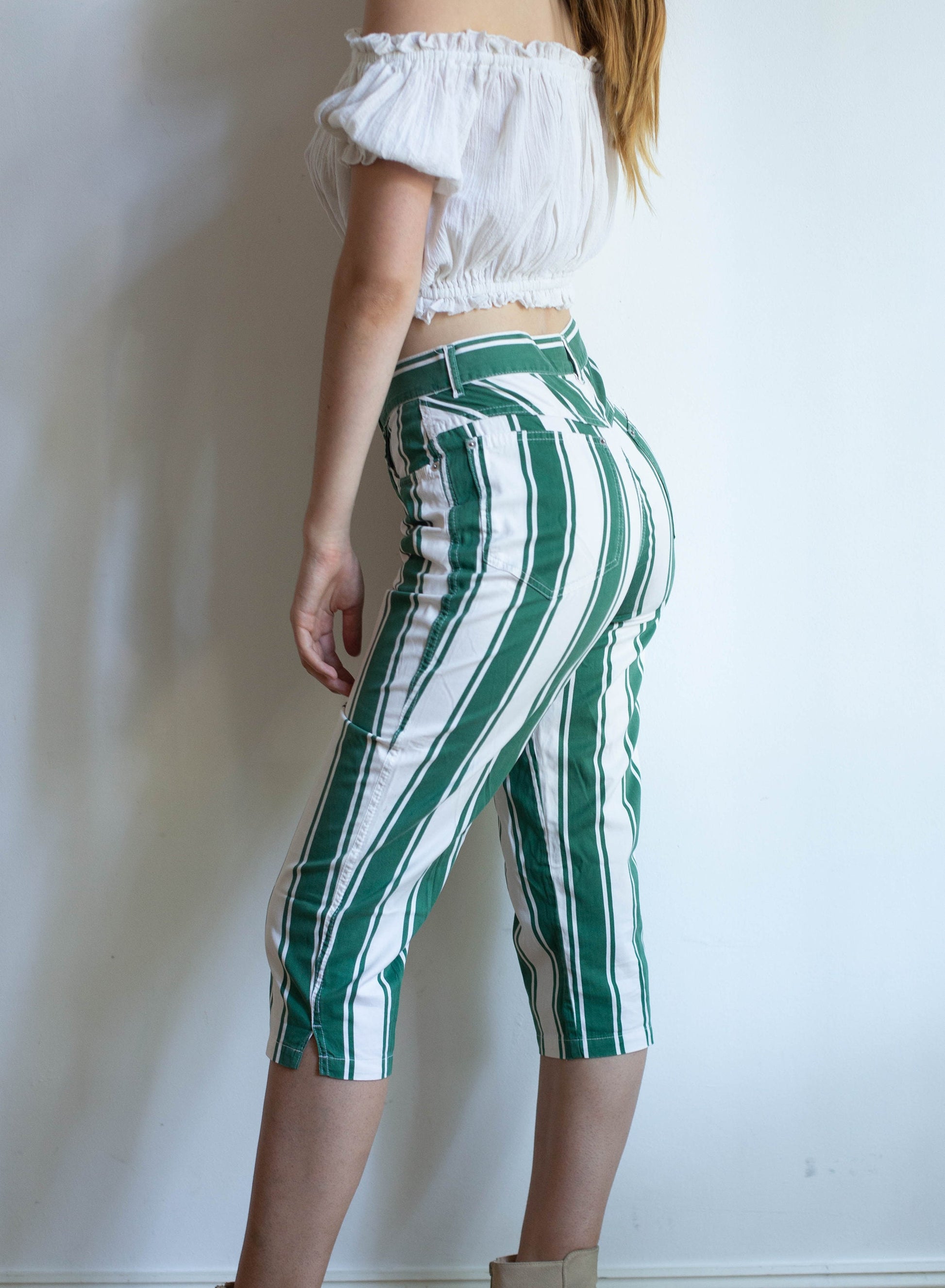 Marc Cain Vintage green and white striped 50s housewife pants, Retro striped pants, cropped vintage pants