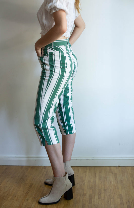 Marc Cain Vintage green and white striped 50s housewife pants, Retro striped pants, cropped vintage pants