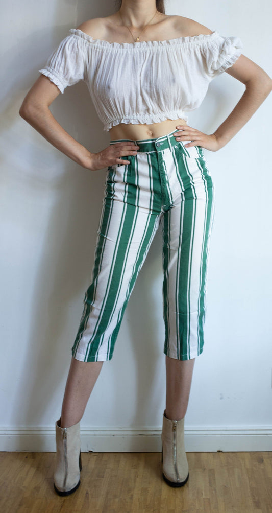 Marc Cain Vintage green and white striped 50s housewife pants, Retro striped pants, cropped vintage pants