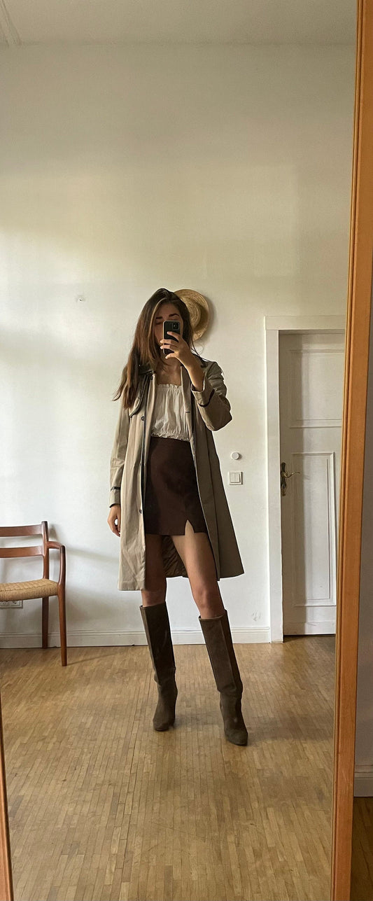 Vintage MCM Tan Trench Coat with Dark Leather Details, Designer Autumn Capsule Wardrobe Staple, Stylish Fall Outerwear