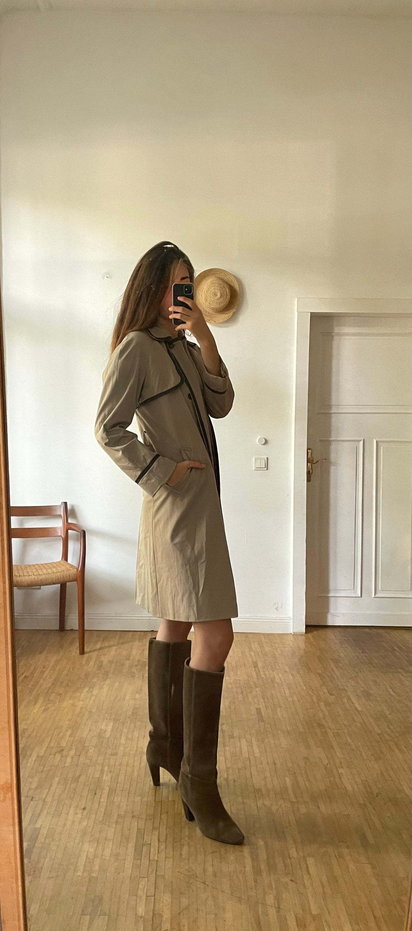 Vintage MCM Tan Trench Coat with Dark Leather Details, Designer Autumn Capsule Wardrobe Staple, Stylish Fall Outerwear