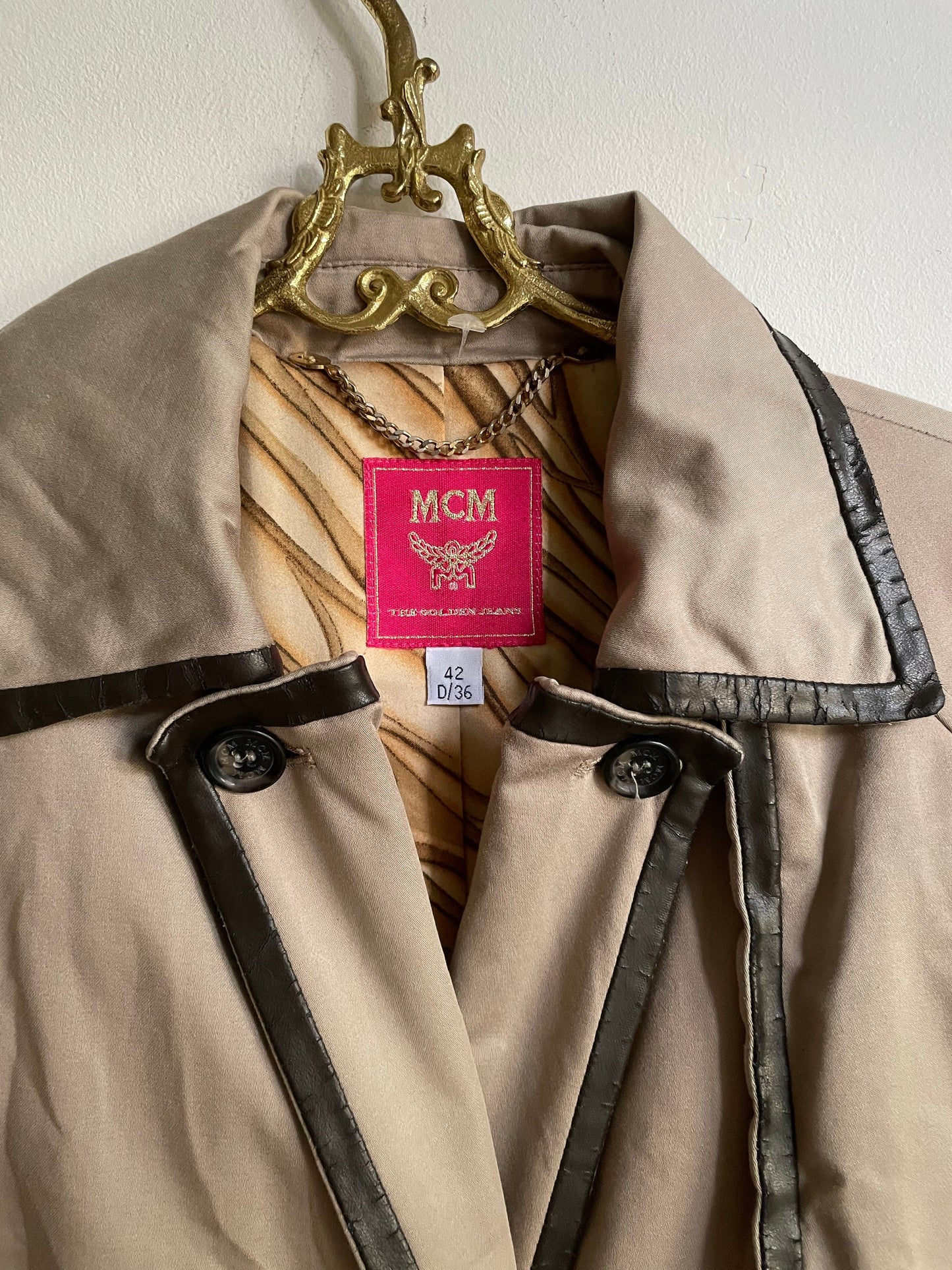 Vintage MCM Tan Trench Coat with Dark Leather Details, Designer Autumn Capsule Wardrobe Staple, Stylish Fall Outerwear
