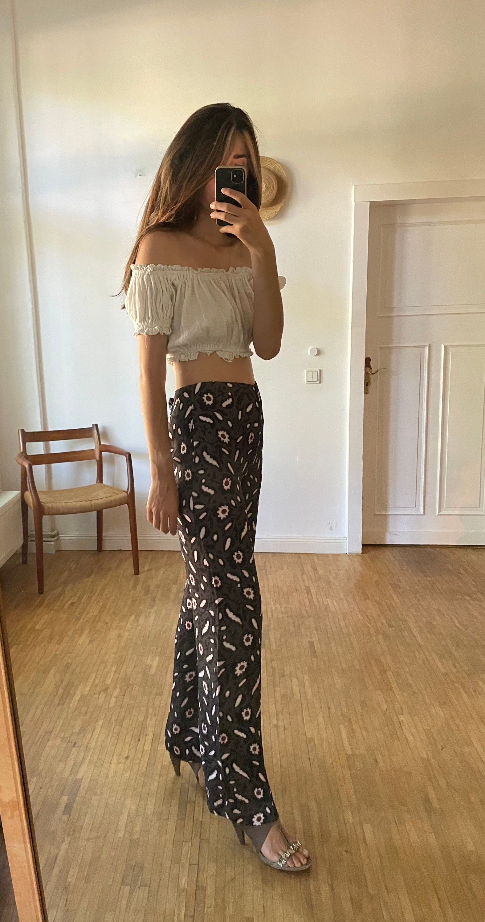 Dorothy Schumacher summer trousers, Designer low rise flares, Floral women pants, Vintage design clothing, Boot cut trousers, 00s pants