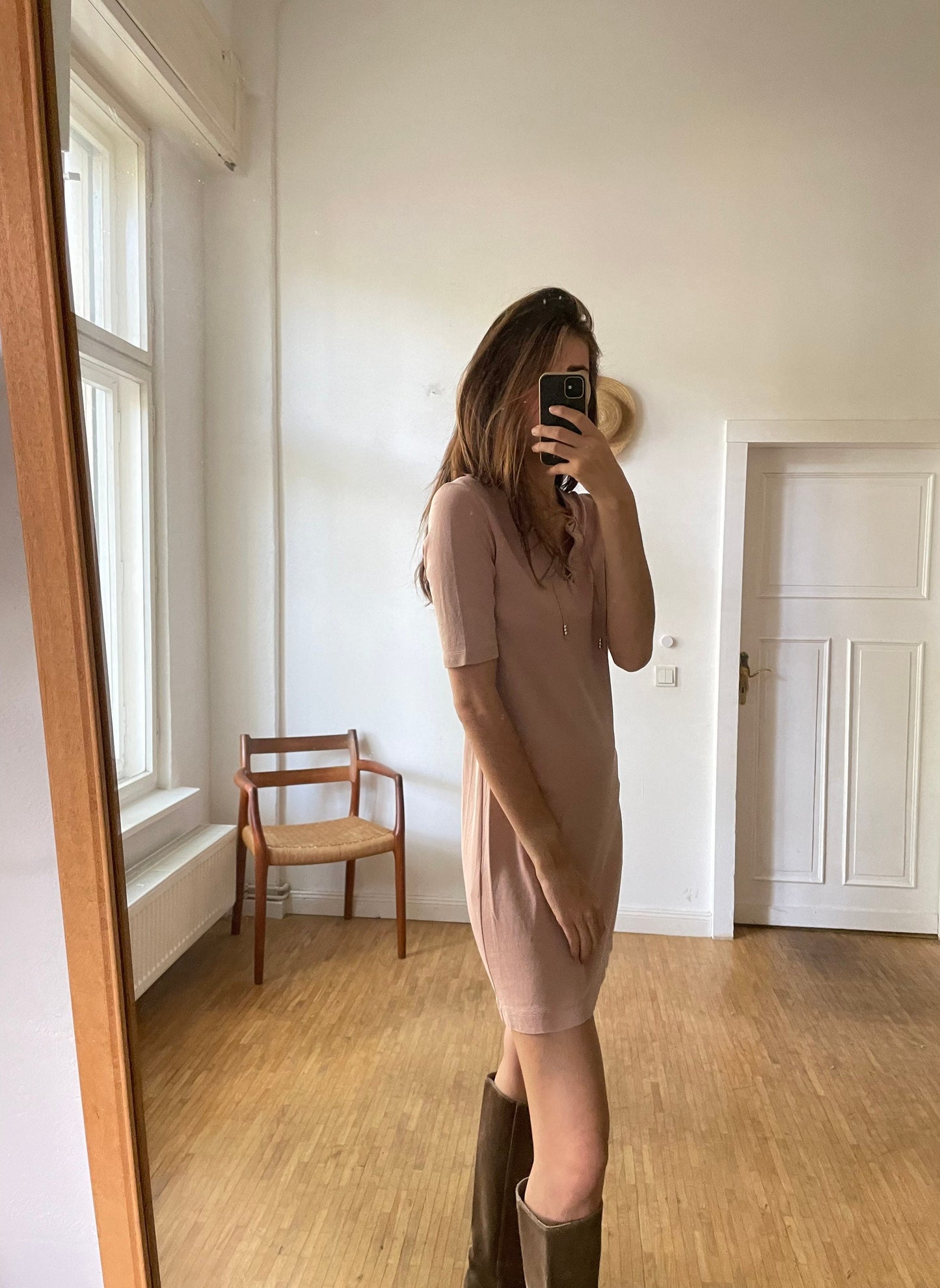 Vintage Drykorn A-line mini dress, Designer Summer clothing, Lightweight dusty pink short tunic dress,